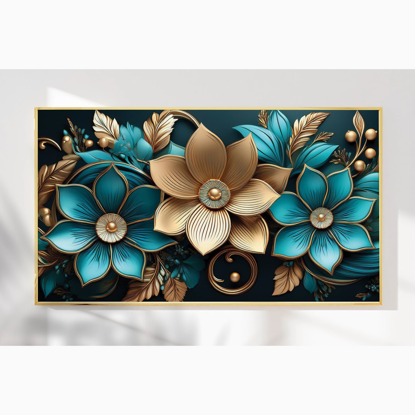 Luxury Blue & Gold Floral Metal Framed Wall Art – Elegant Botanical Design