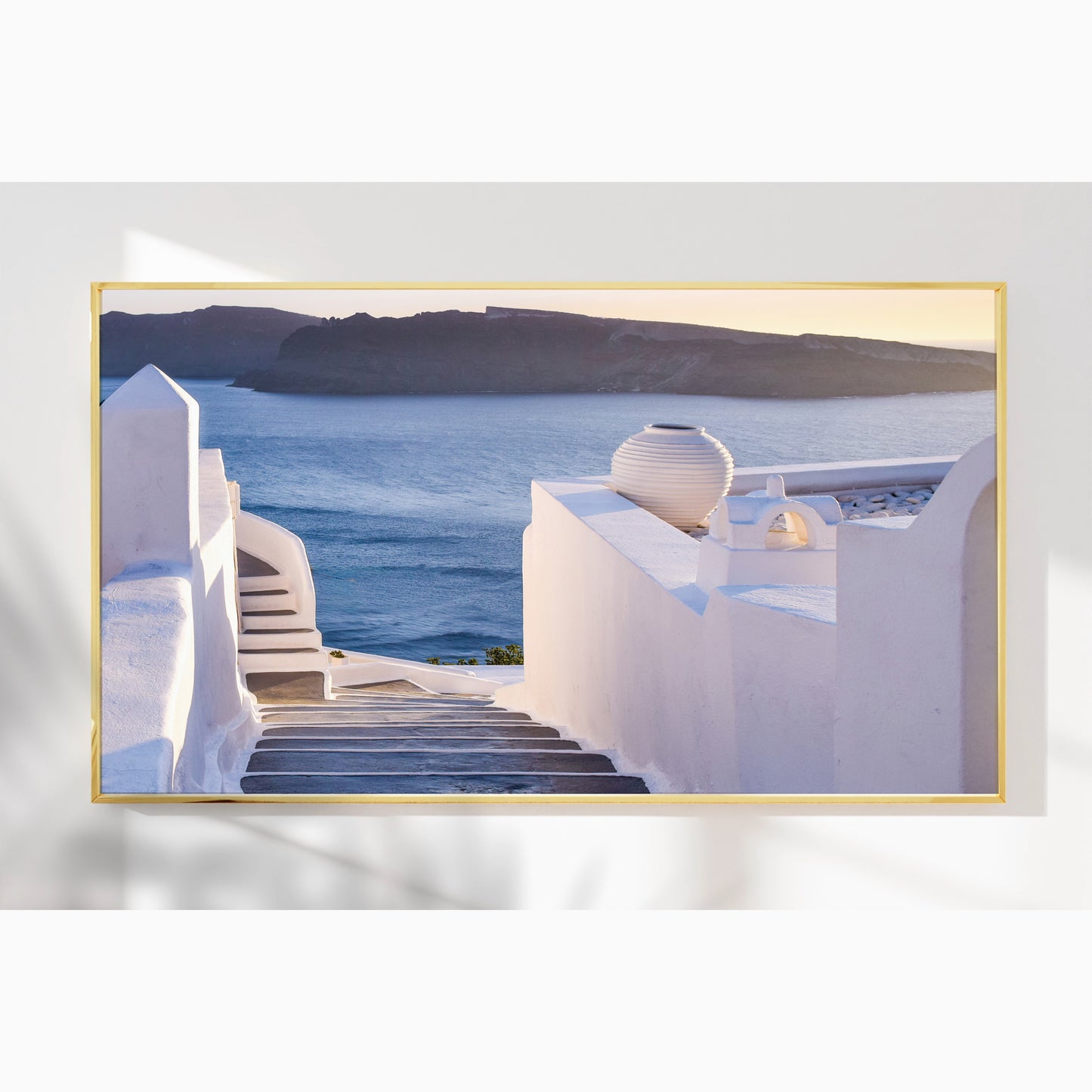 Elegant Staircase in Santorini β Sunset View Over Aegean Horizon