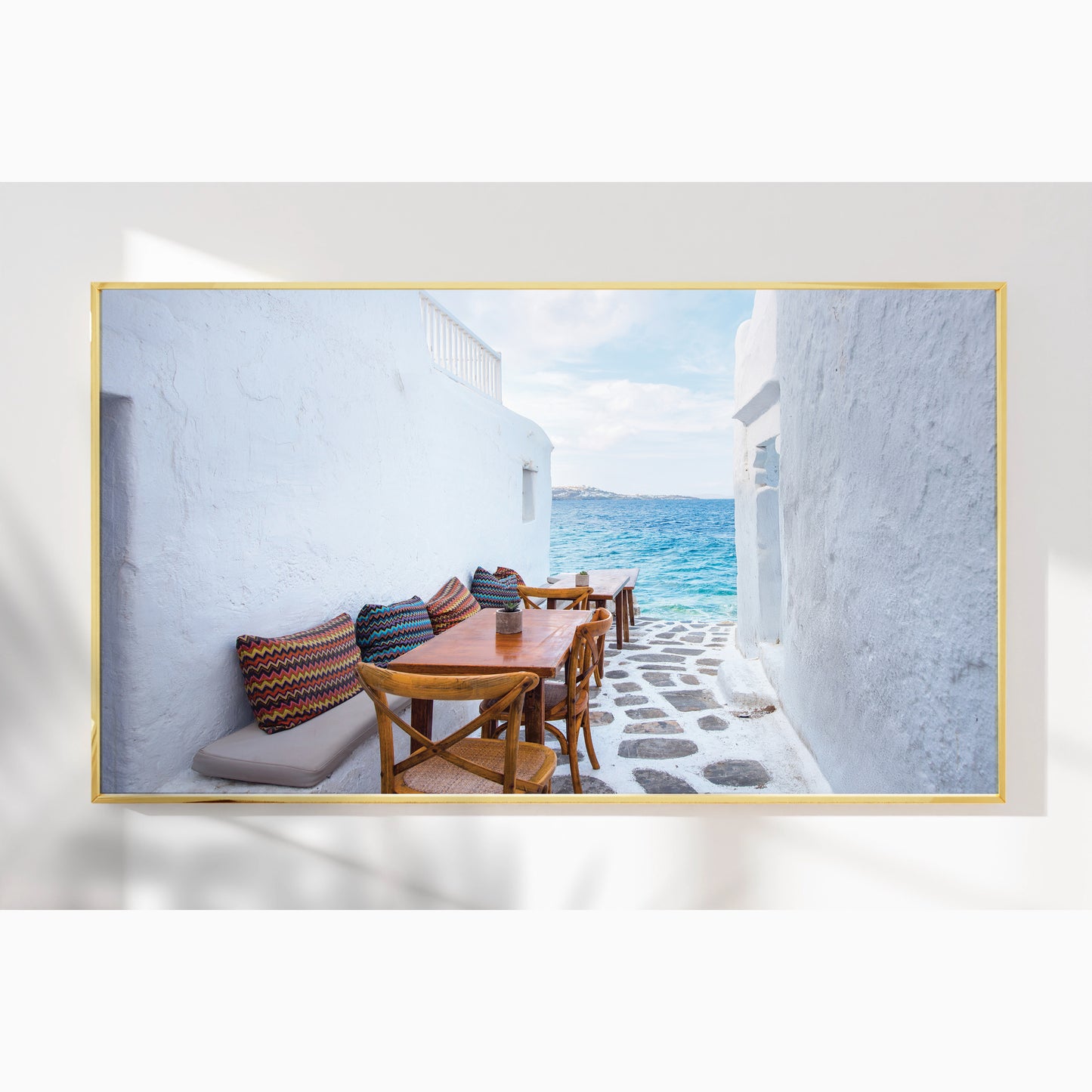 Mykonos Seaside Cafe – Greek Island Alleyway Wall Art, Coastal Dining View