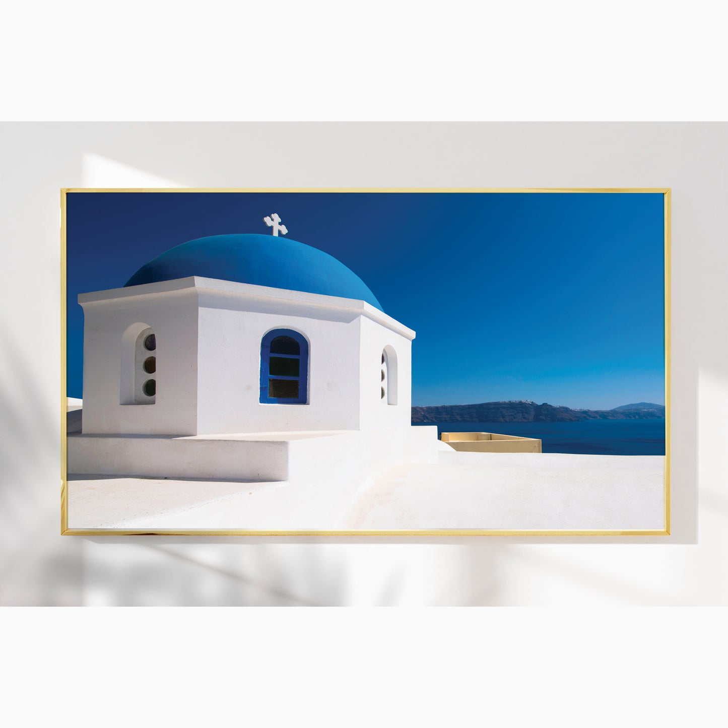 Santorini Blue Dome Church – Greek Island Wall Art, Minimal Coastal Icon