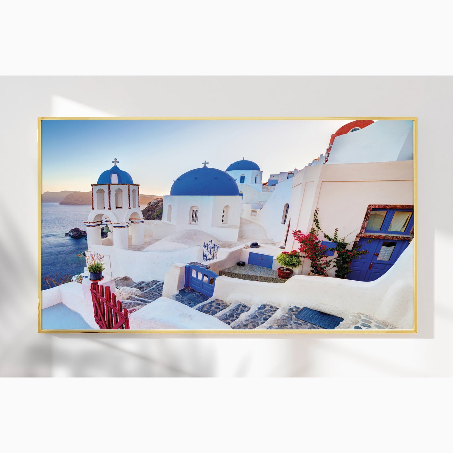Oia Sunset View – Santorini Dome Church Wall Art, Greece Blue and White Village Decor