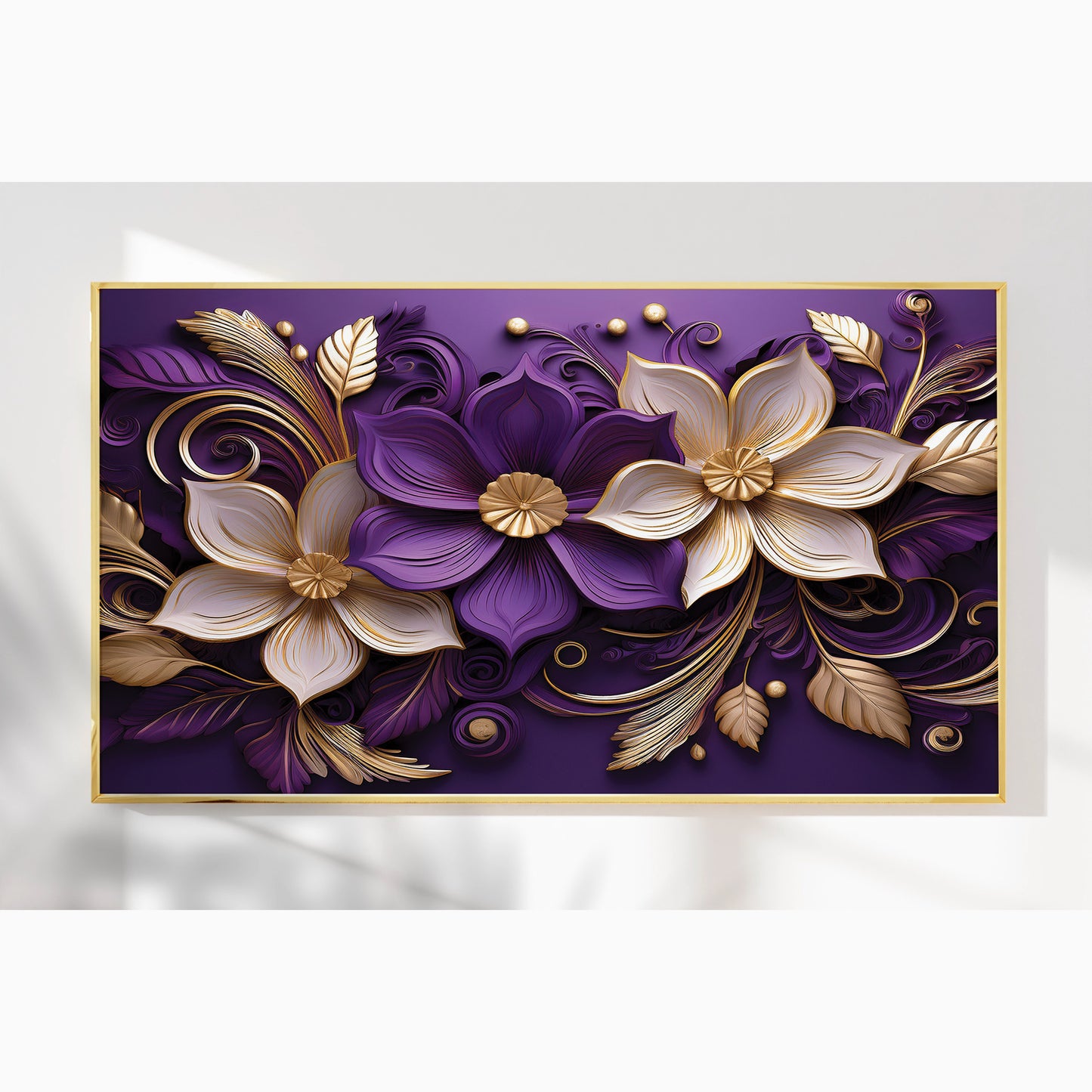 Luxury Purple & Gold Floral Metal Framed Wall Art – Elegant Botanical Design