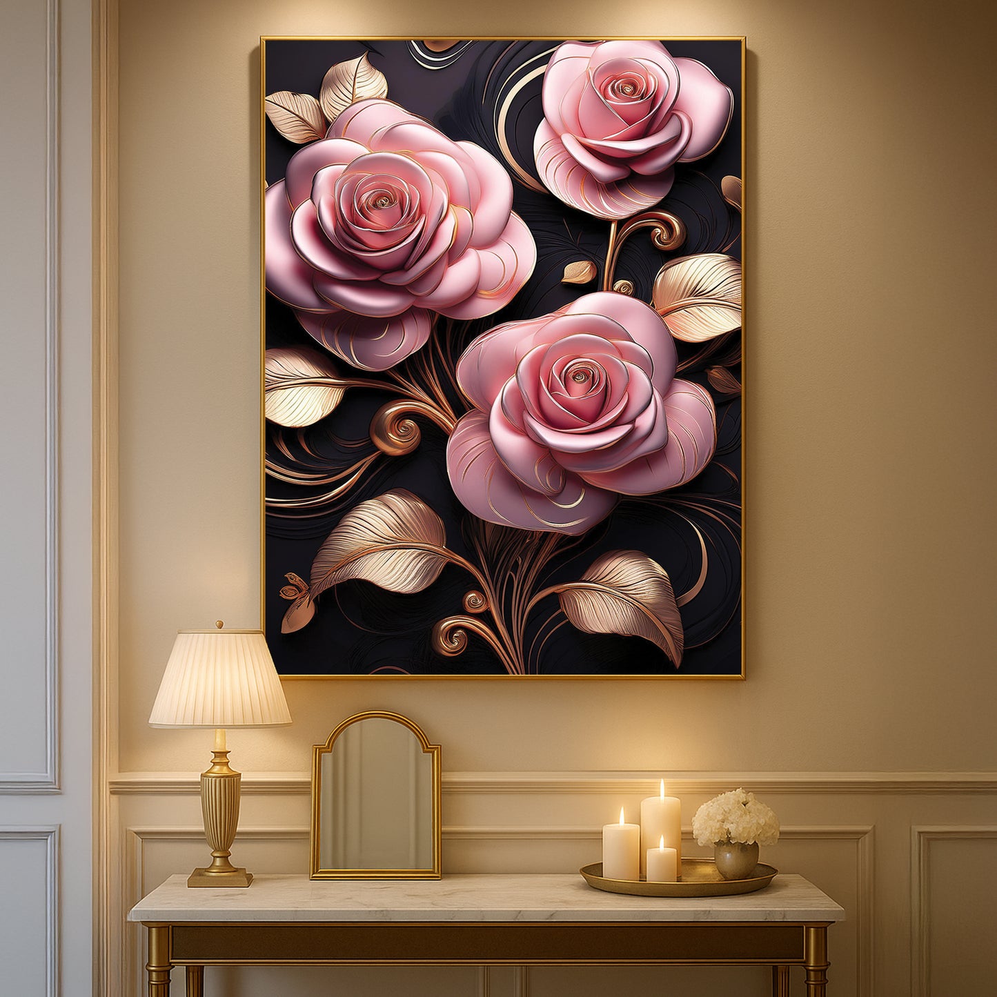 Elegant Light Pink Rose Metal Framed Wall Art – Luxury Floral Design