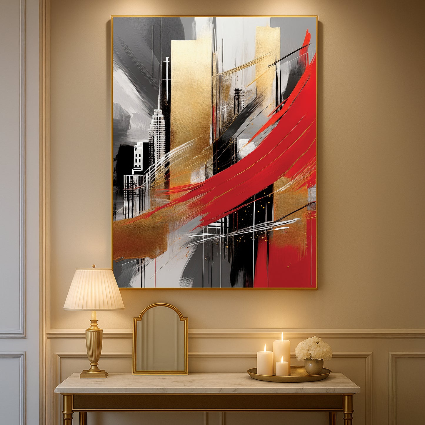 City Abstract Wall Art – Gold and Red Modern Luxury Décor
