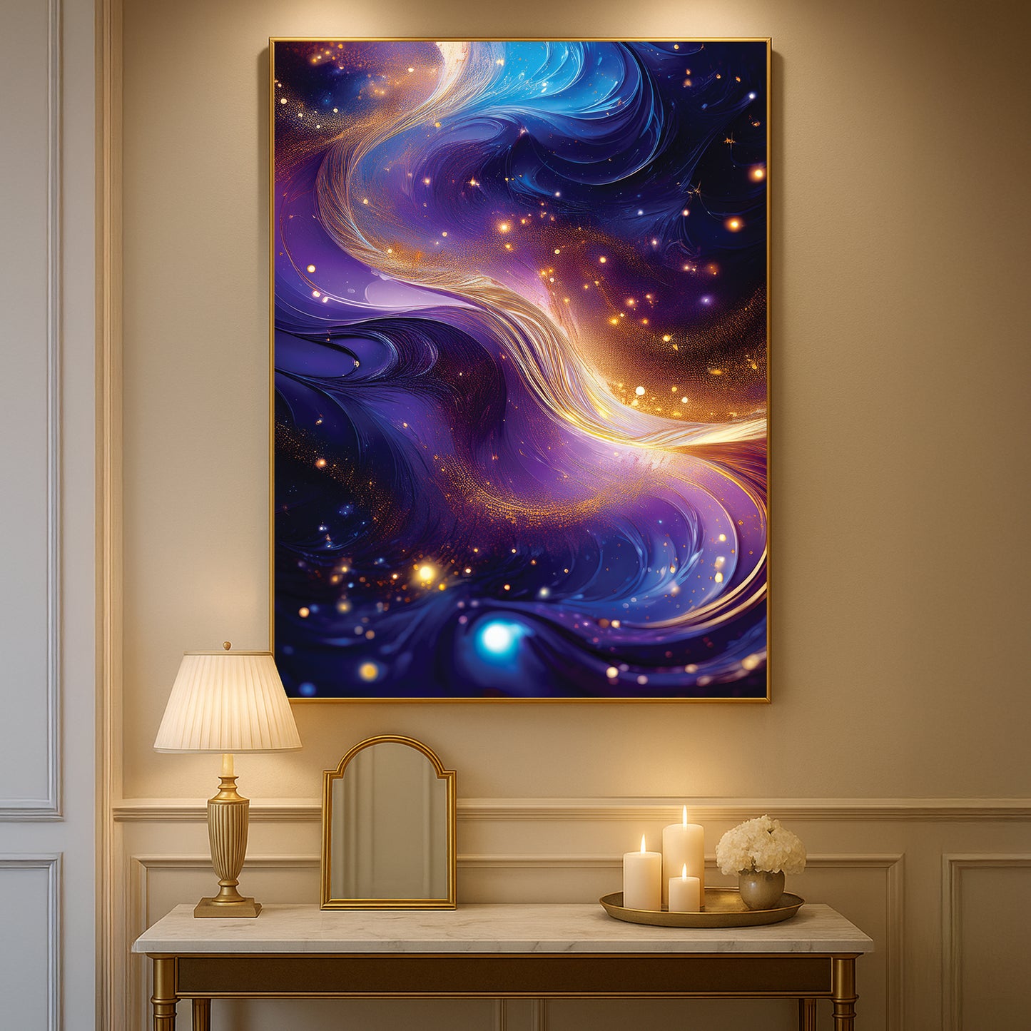Cosmic Abstract Wall Art – Purple and Gold Galaxy-Inspired Décor