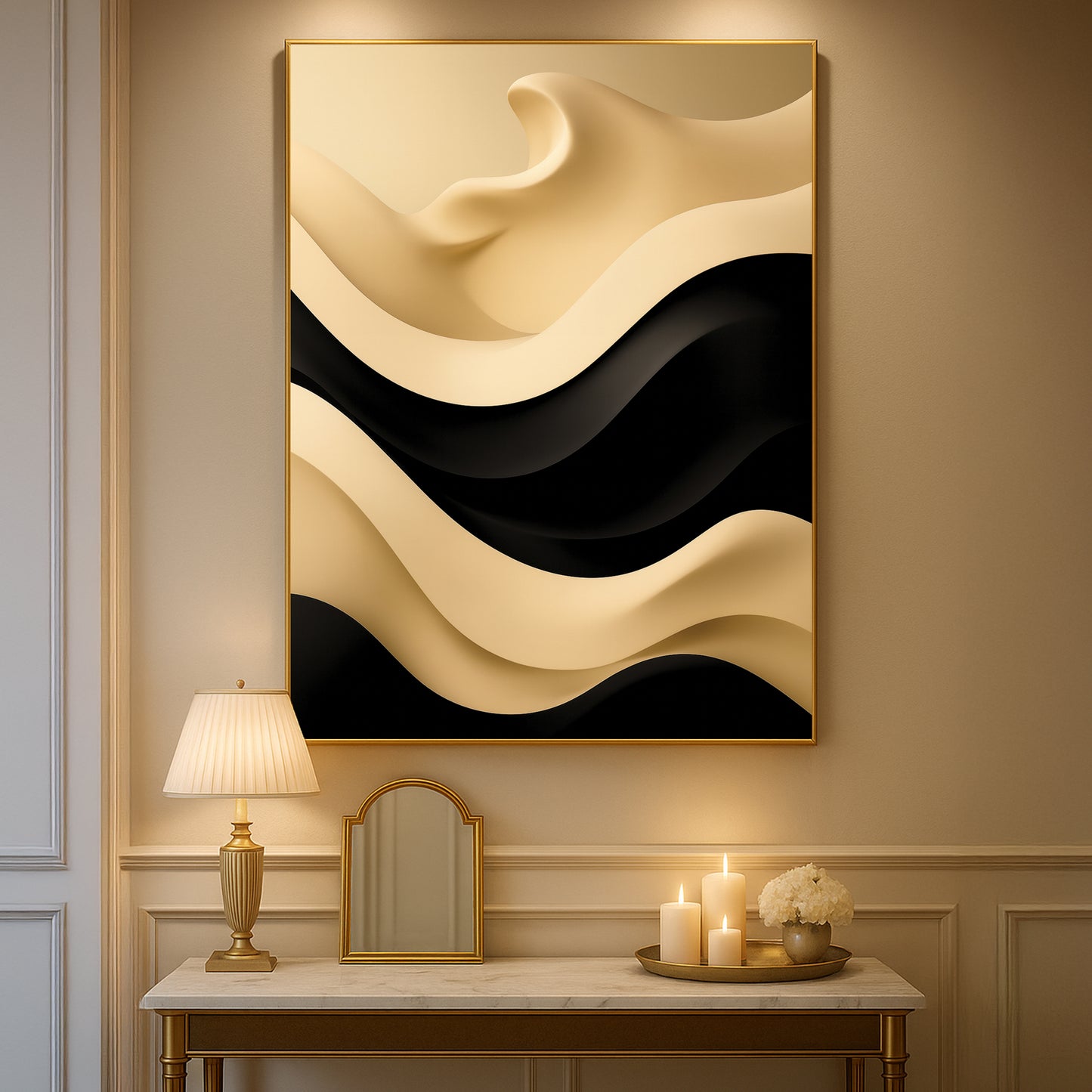 Cream and Black Wave Abstract – Minimalist Modern Wall Art