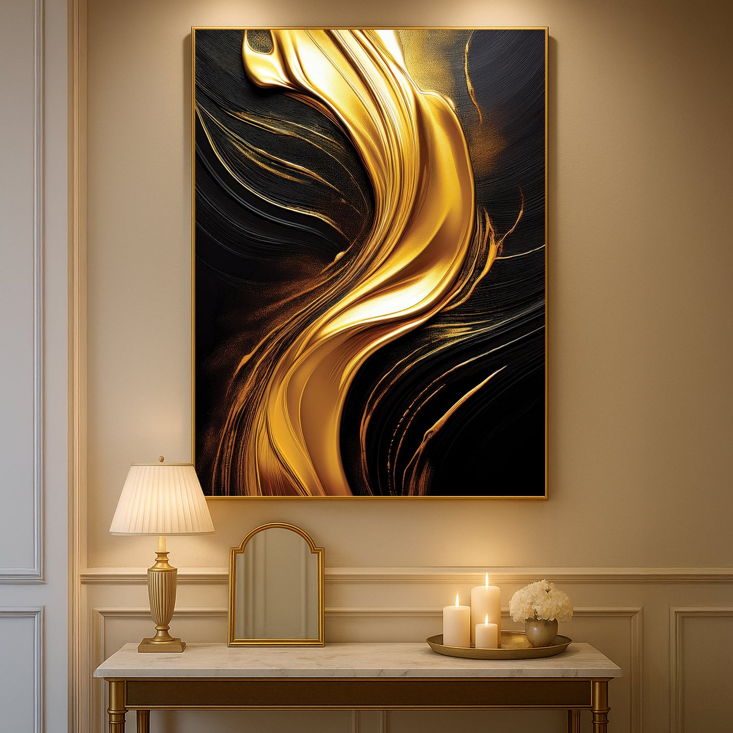 Golden Flow Abstract Wall Art – Luxury Black and Gold Décor