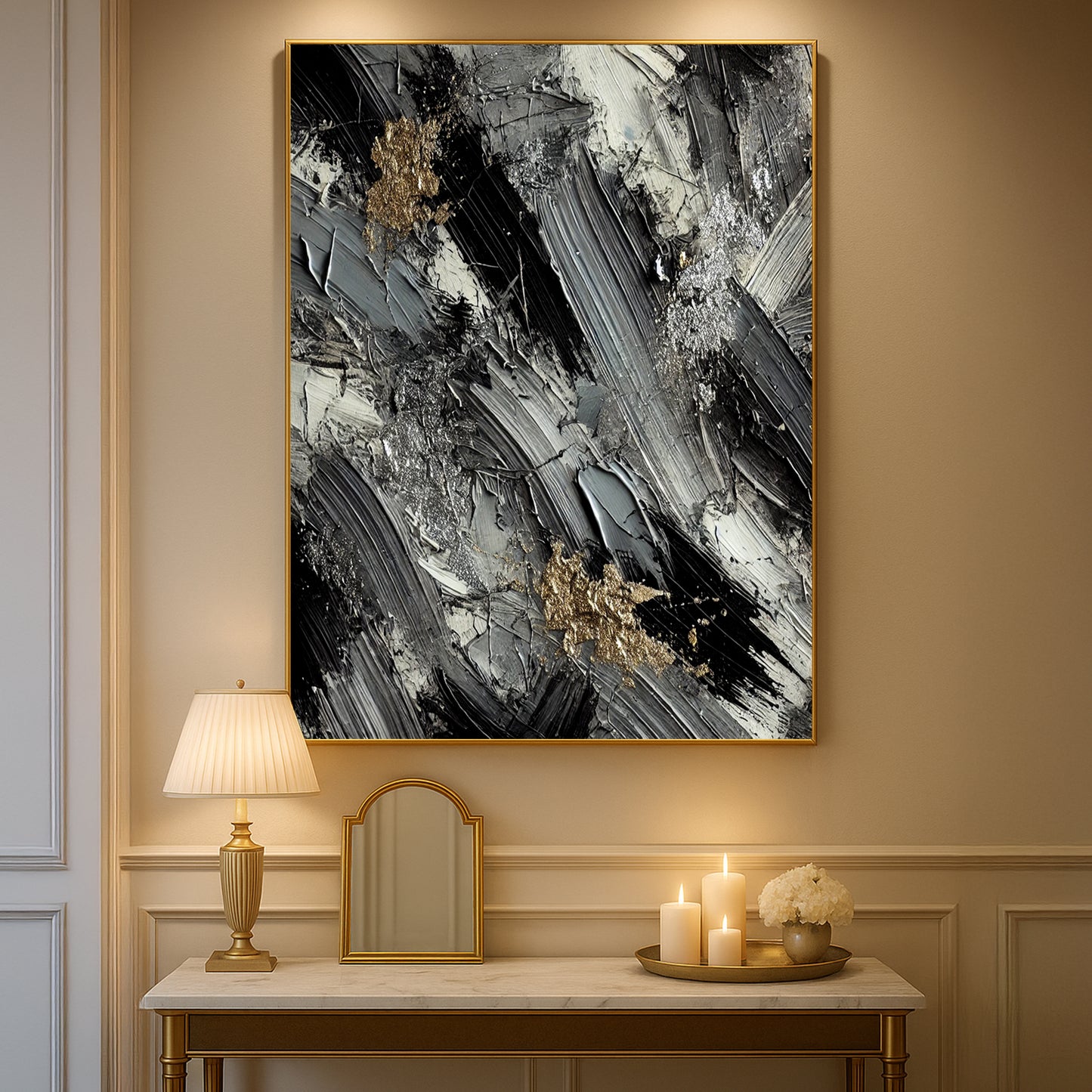 Monochrome Elegance with Metallic Highlights – Abstract Wall Art