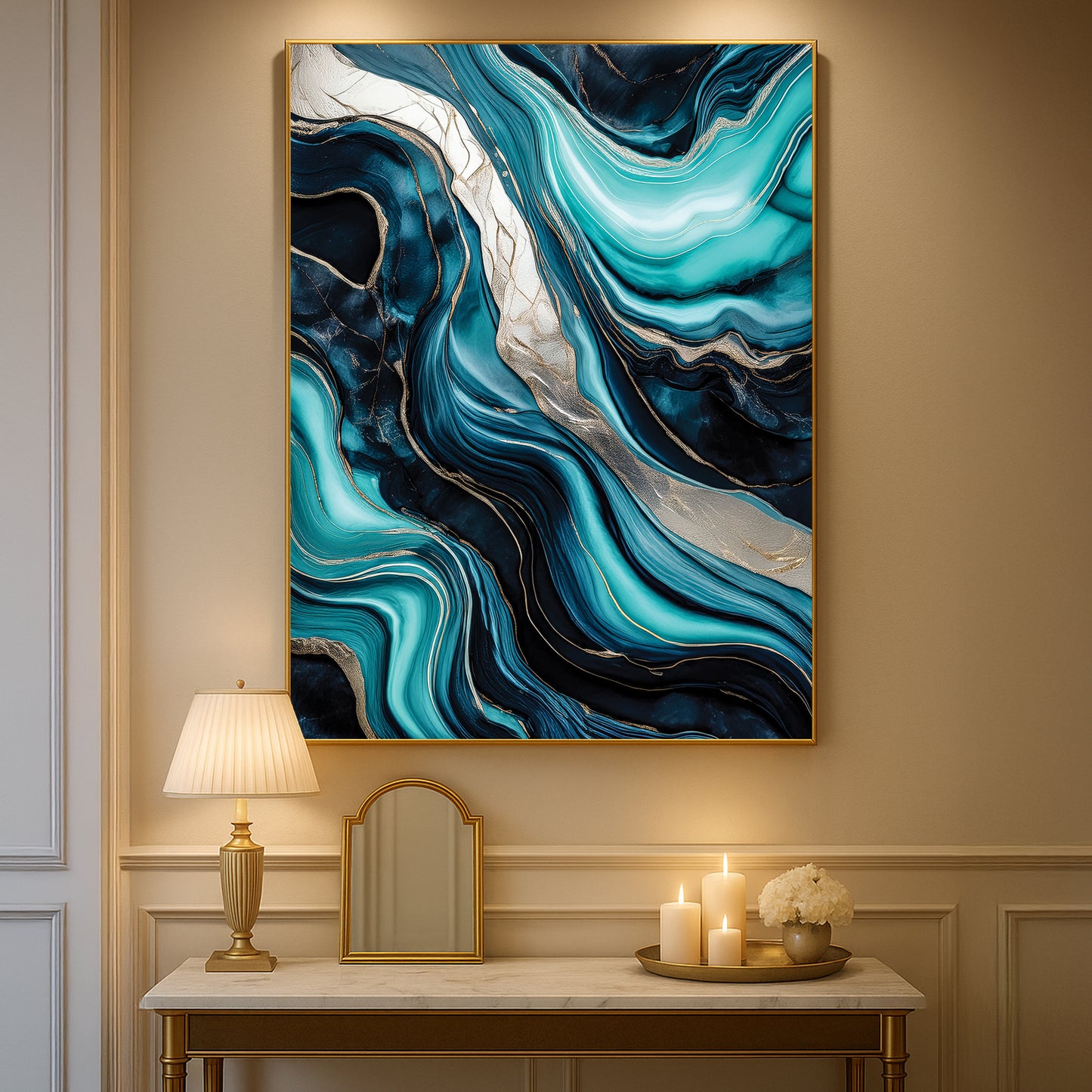 Turquoise & Gold Marble Flow – Abstract Luxury Wall Art