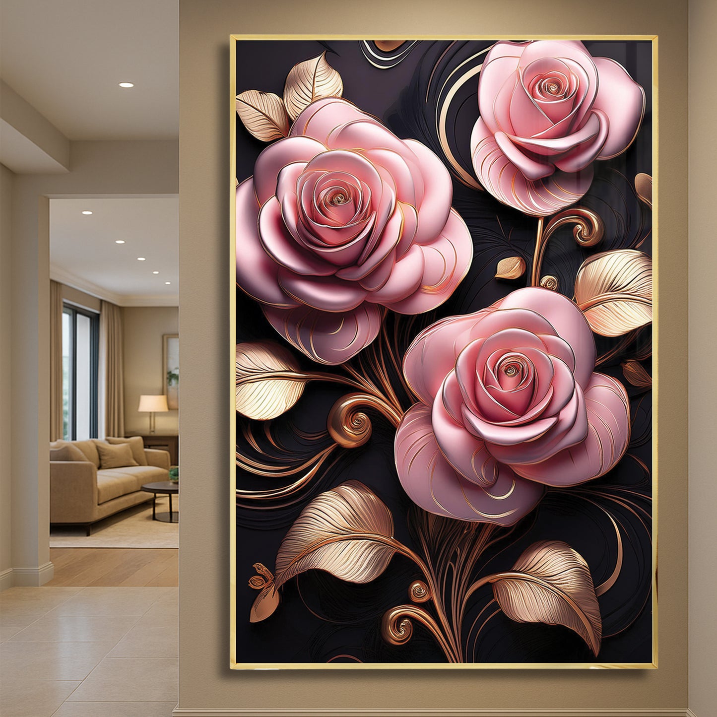 Elegant Light Pink Rose Metal Framed Wall Art – Luxury Floral Design