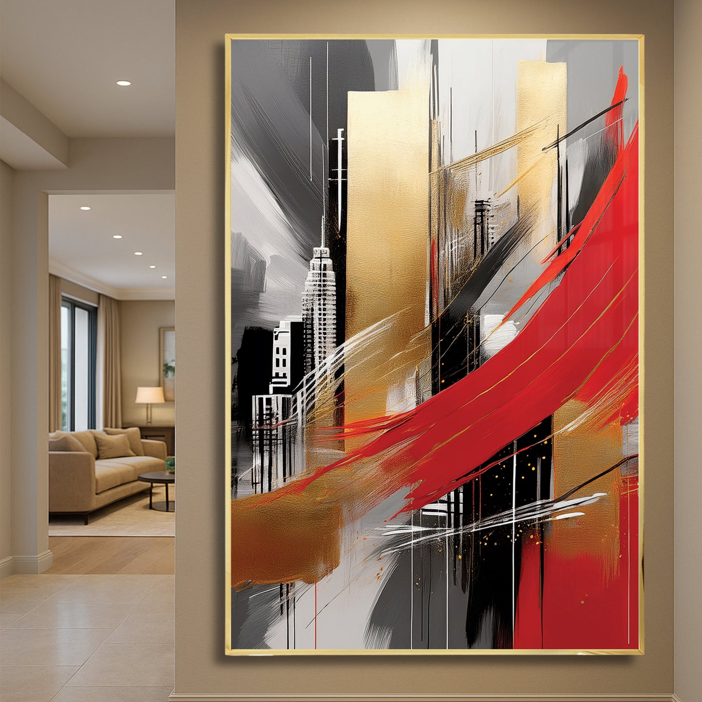 City Abstract Wall Art – Gold and Red Modern Luxury Décor