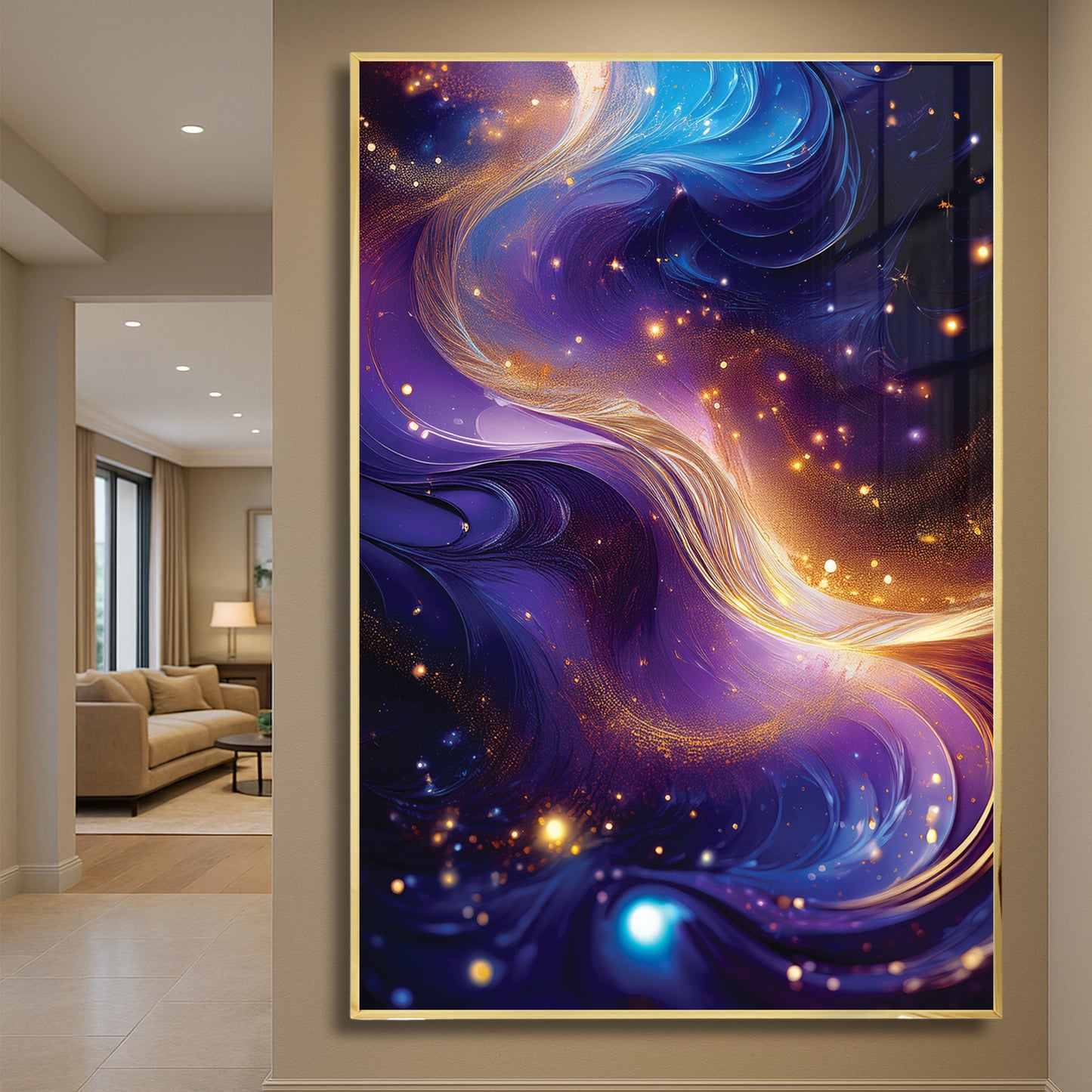 Cosmic Abstract Wall Art – Purple and Gold Galaxy-Inspired Décor