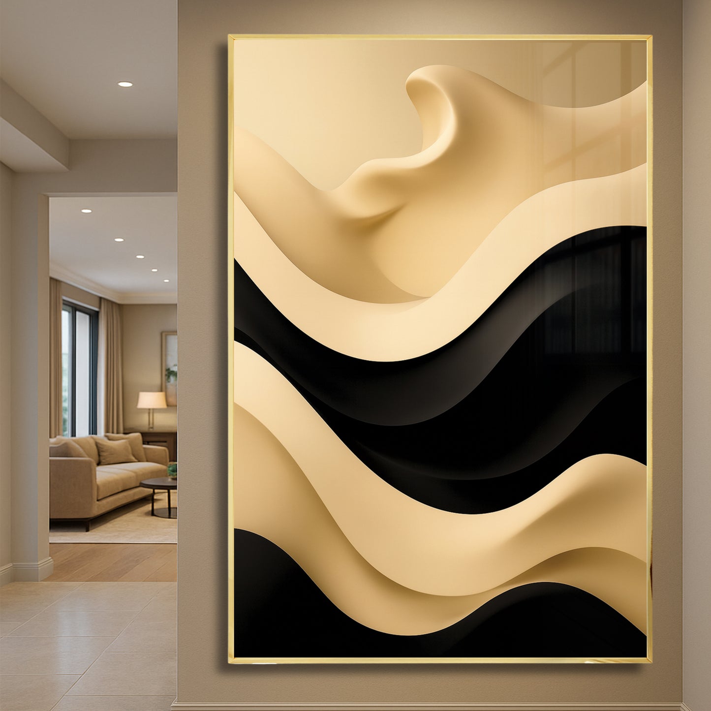 Cream and Black Wave Abstract – Minimalist Modern Wall Art