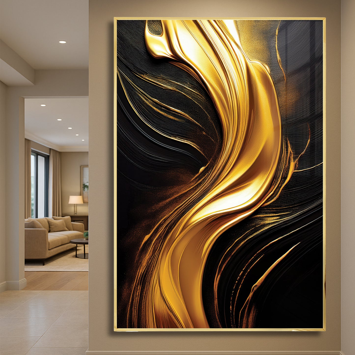 Golden Flow Abstract Wall Art – Luxury Black and Gold Décor