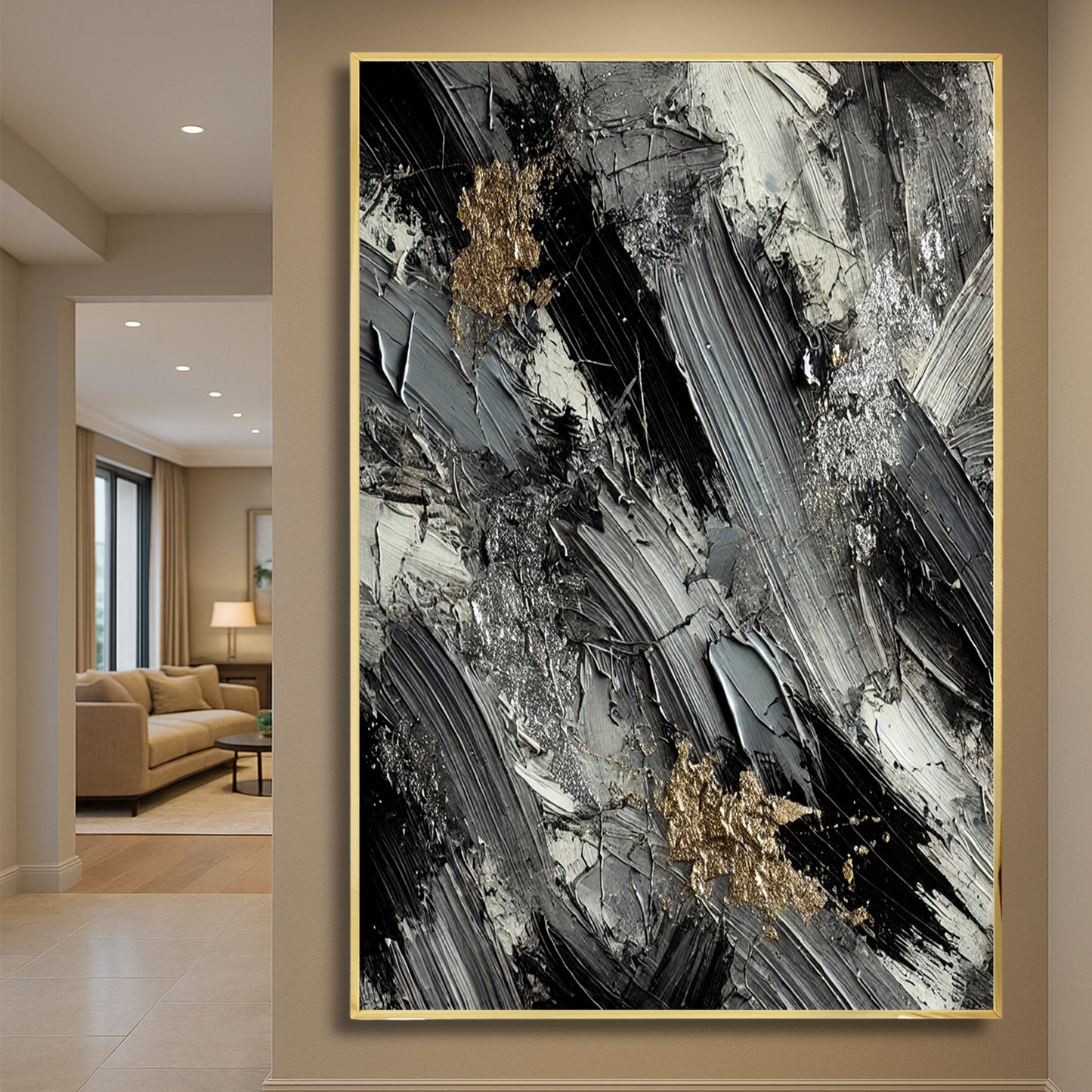 Monochrome Elegance with Metallic Highlights – Abstract Wall Art