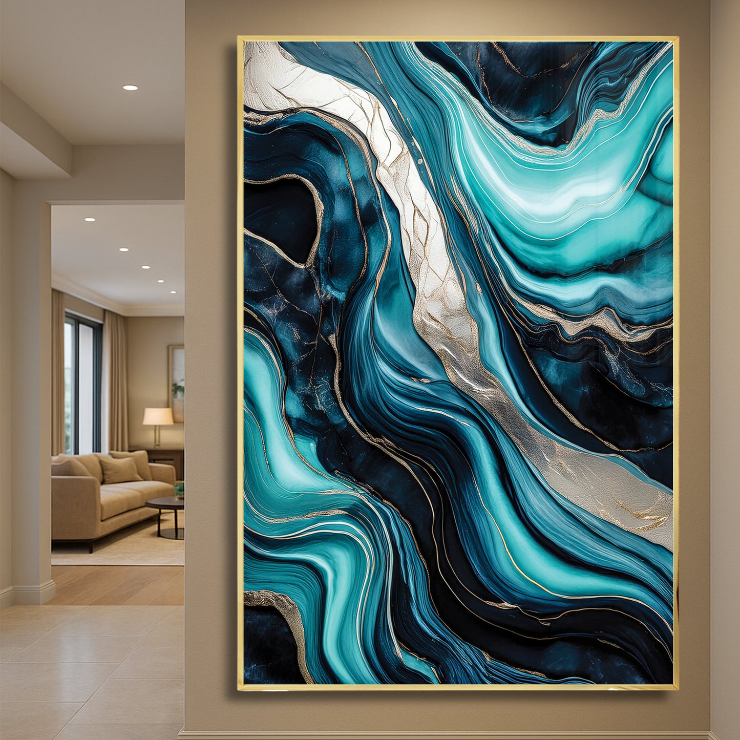 Turquoise & Gold Marble Flow – Abstract Luxury Wall Art