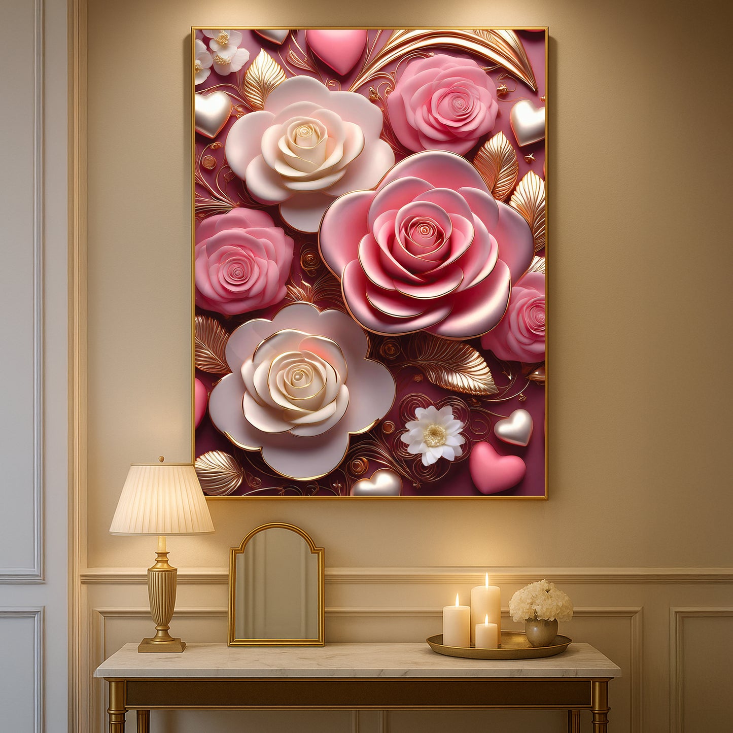 Romantic Pink & White Rose Metal Framed Wall Art – Luxury Floral Design