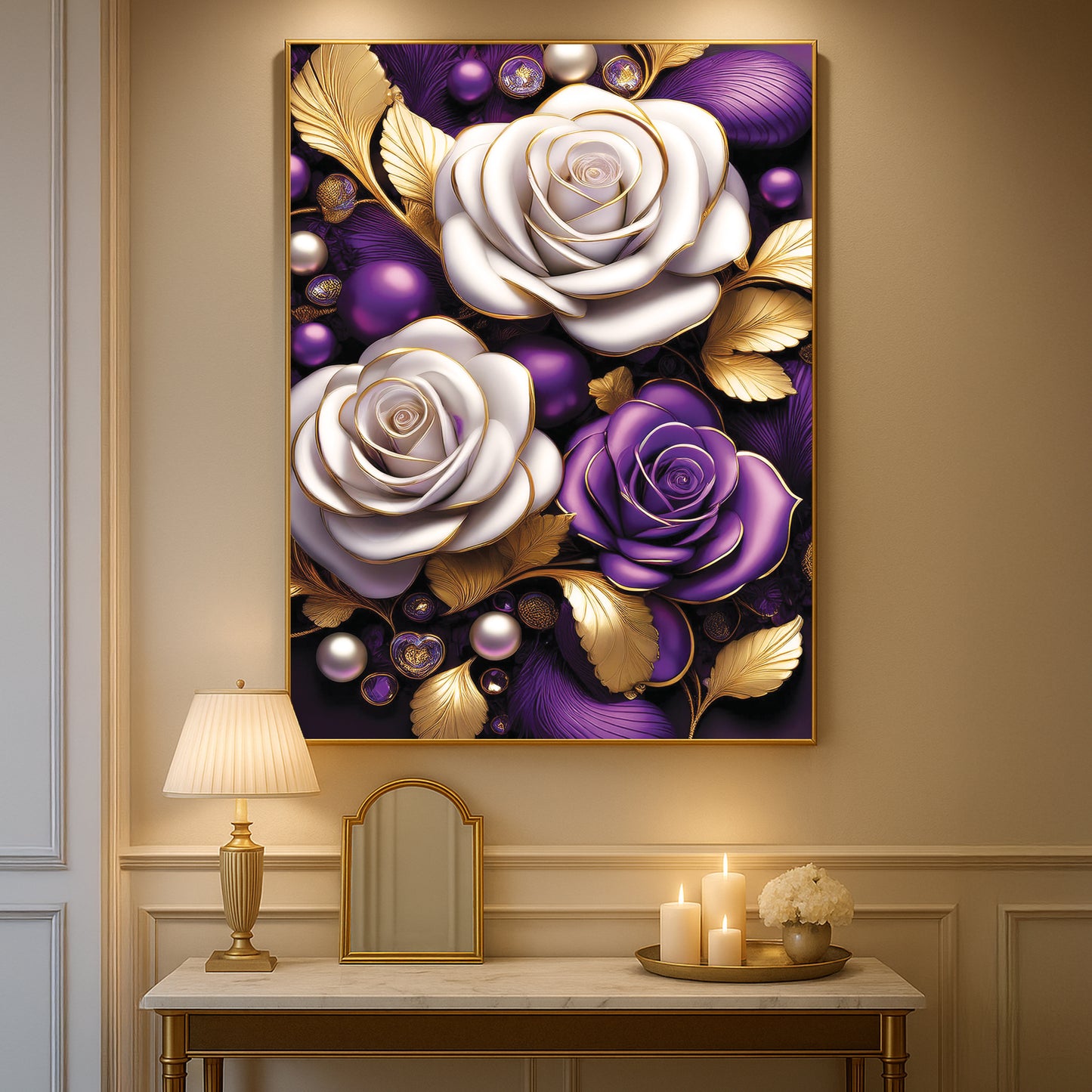Elegant Purple & White Rose Metal Framed Wall Art – Modern Luxury Décor