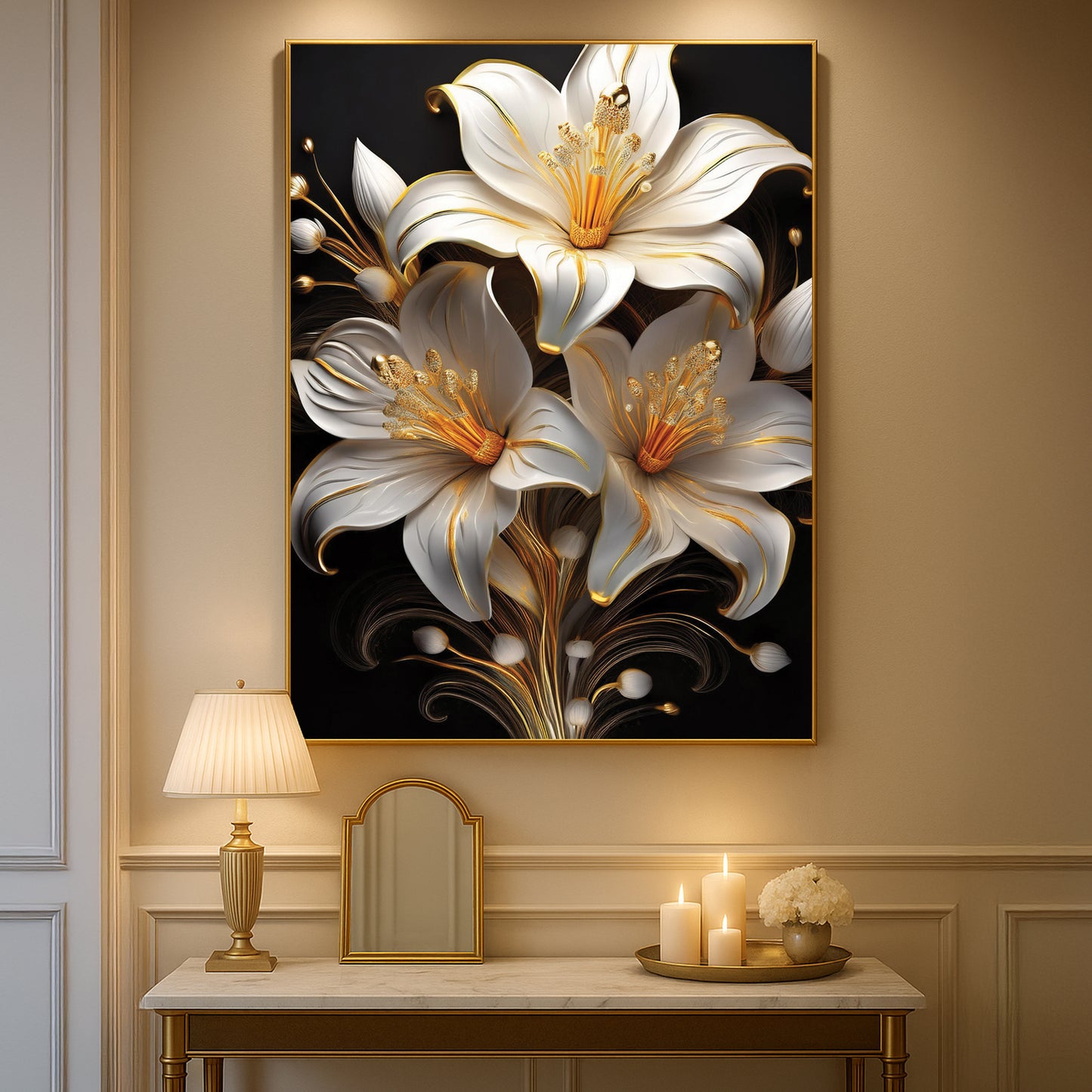 Elegant White & Gold Lily Metal Framed Wall Art – Modern Floral Luxury