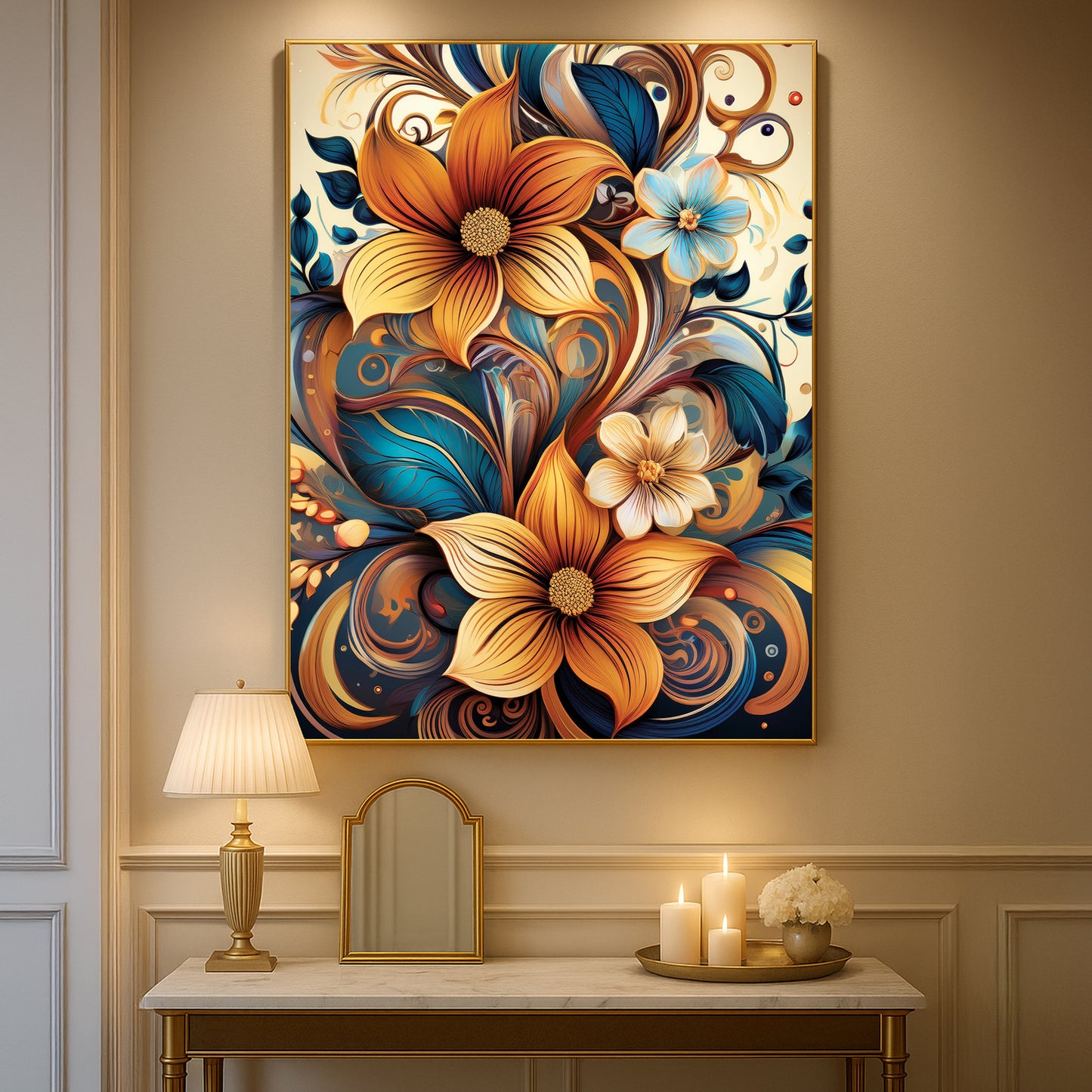 Golden & Cream Floral Metal Framed Wall Art – Elegant Botanical Design