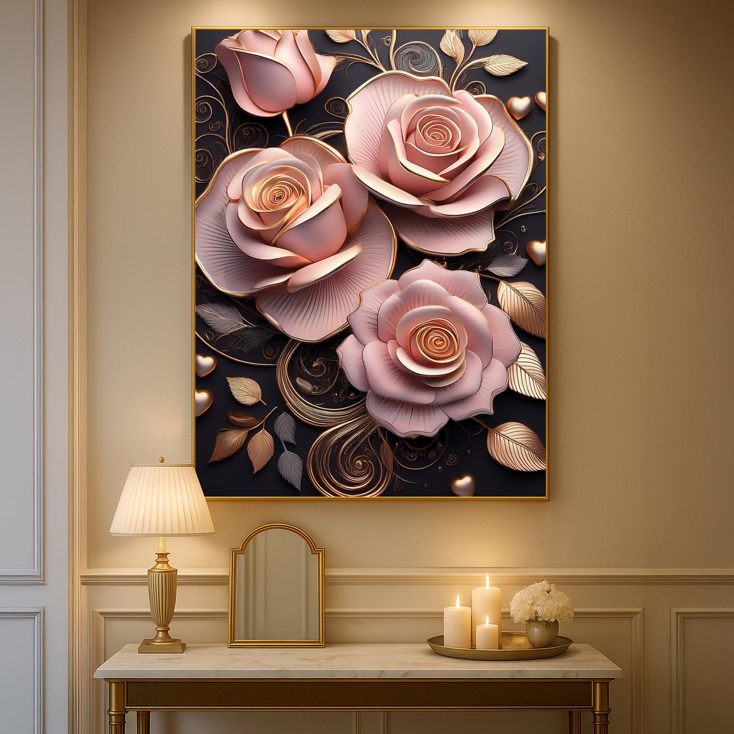 Classic Pink Rose Metal Framed Wall Art – Romantic Luxury Décor