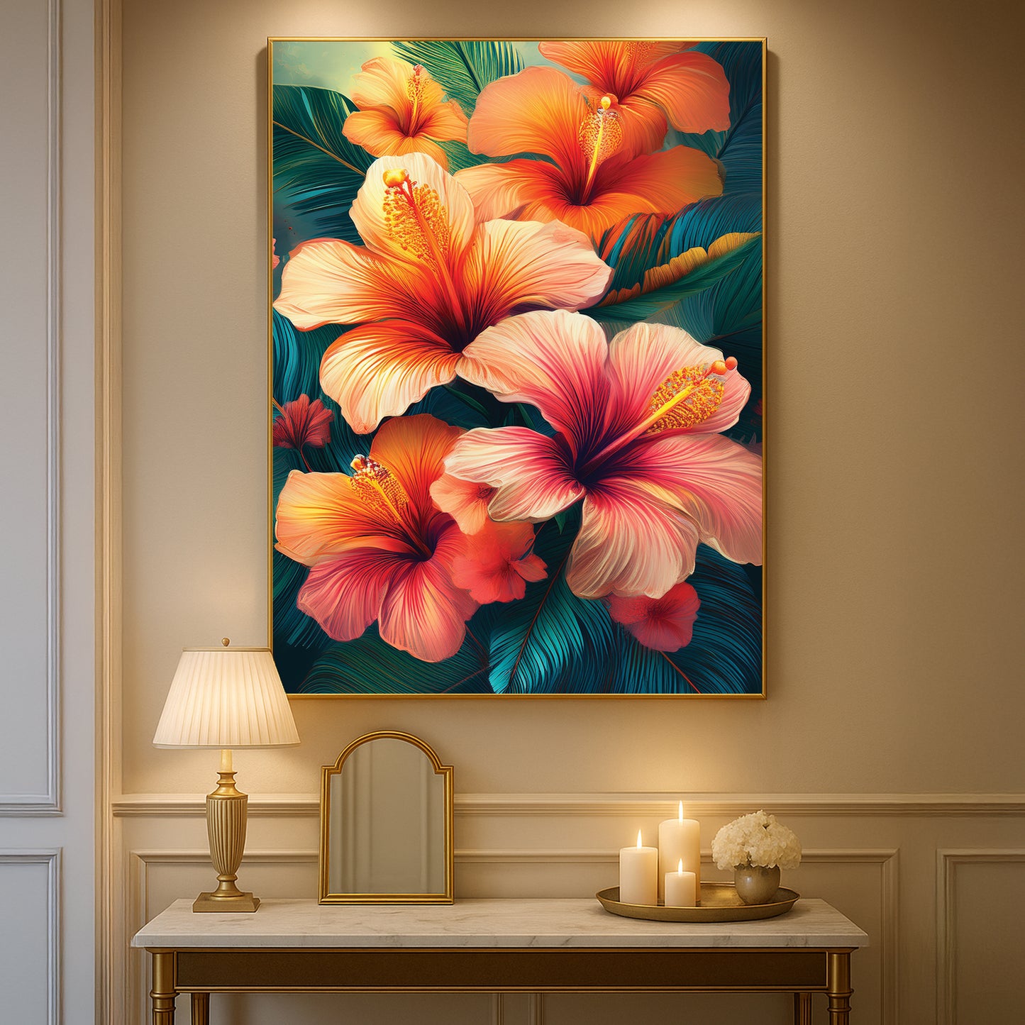 Vibrant Tropical Hibiscus Metal Framed Wall Art – Exotic Floral Décor
