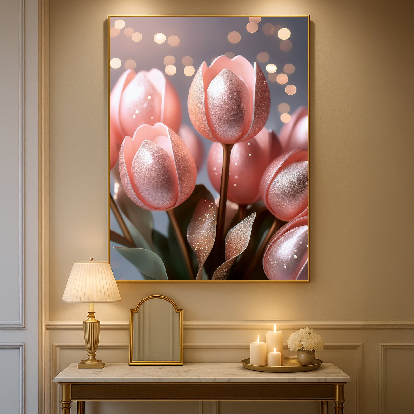 Blush Pink Tulip Bouquet Metal Framed Wall Art – Romantic Modern Décor