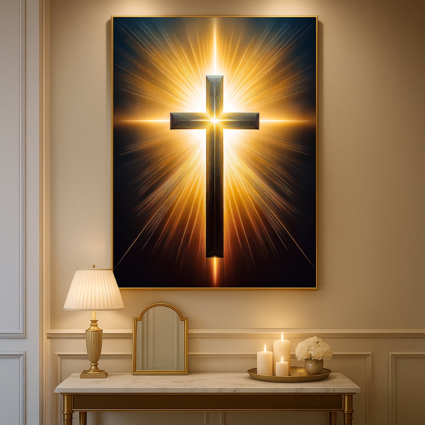 Radiant Cross Wall Art – Golden Light Christian Décor