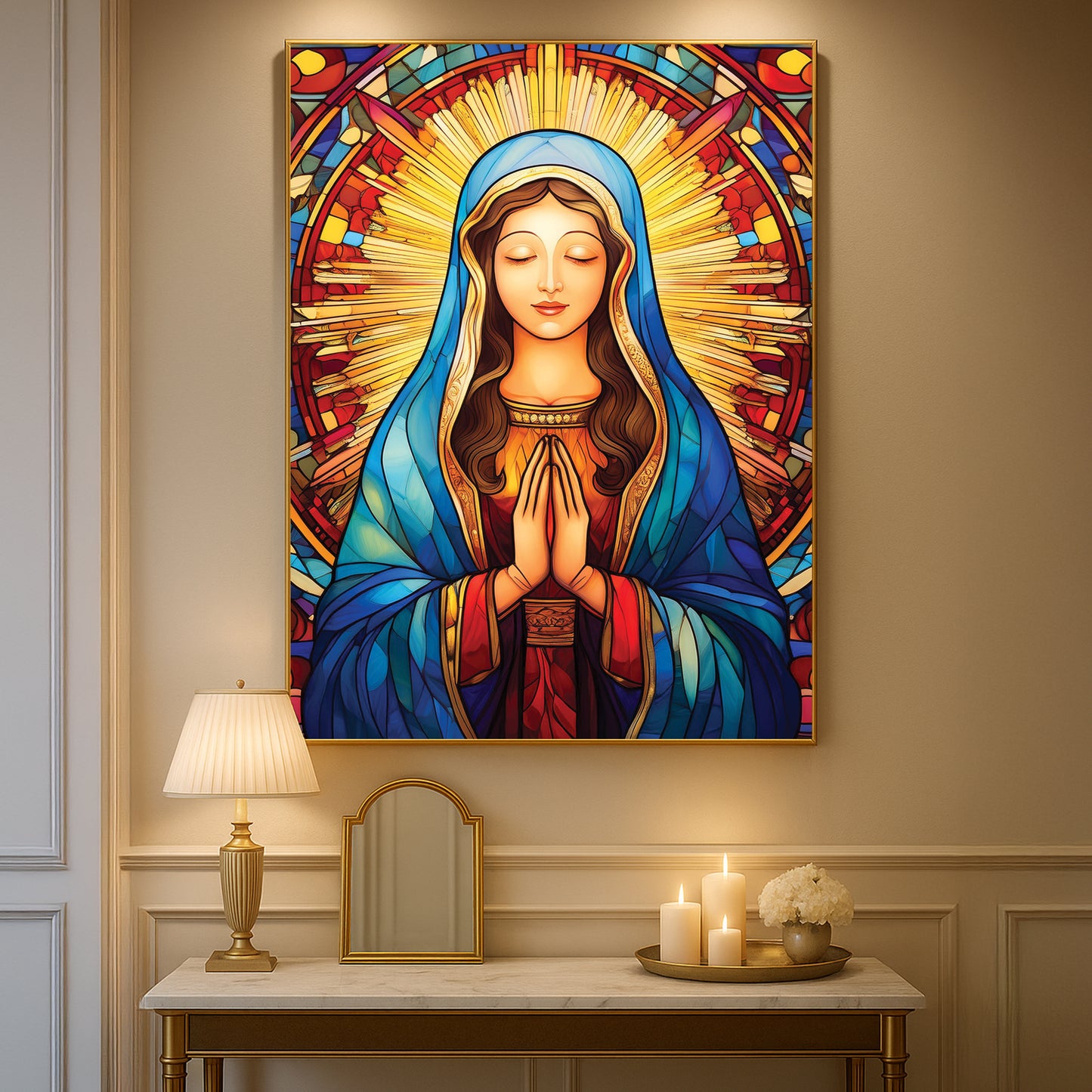 Gentle Mary in Prayer, Stained Glass Wall Art – Holy Virgin Icon