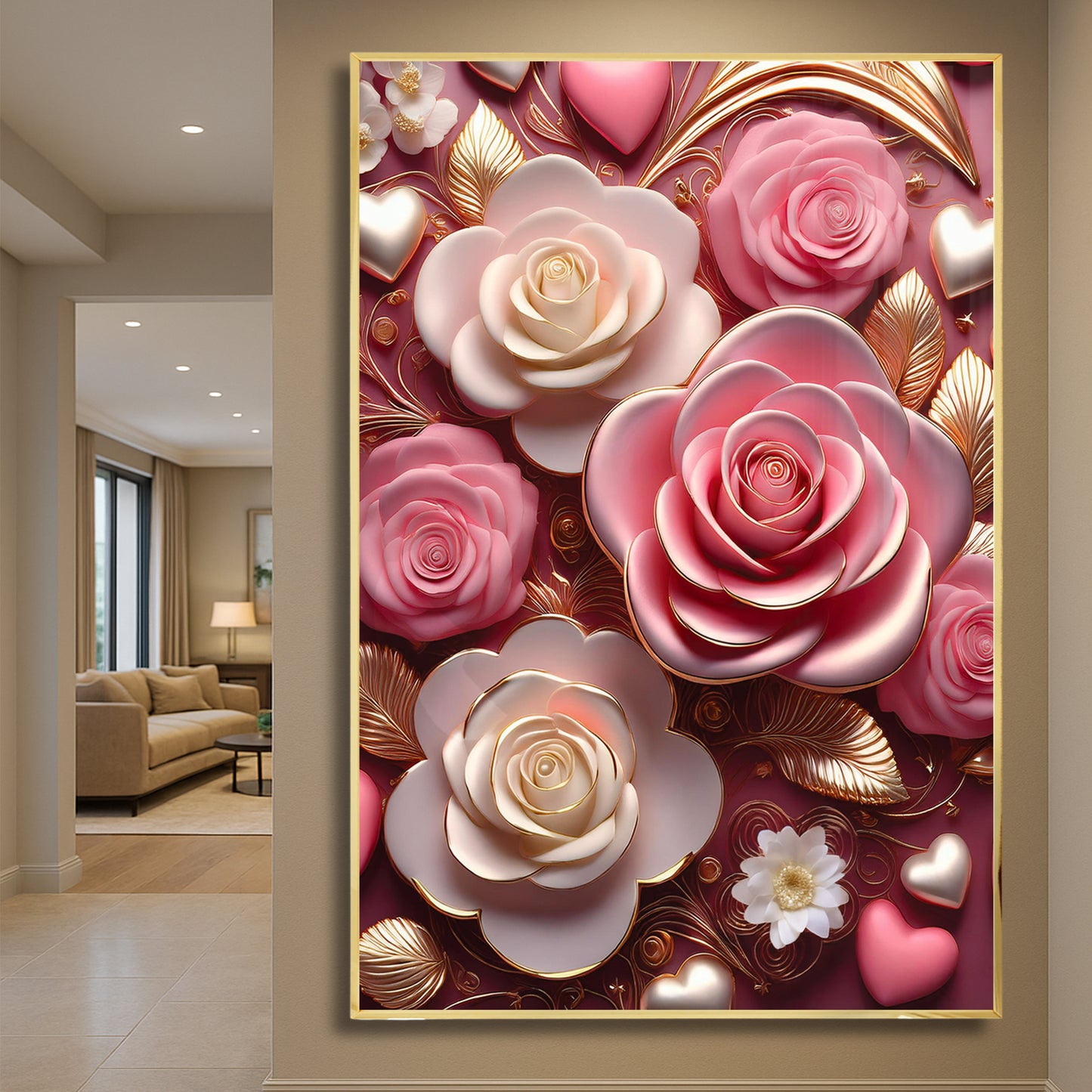Romantic Pink & White Rose Metal Framed Wall Art – Luxury Floral Design