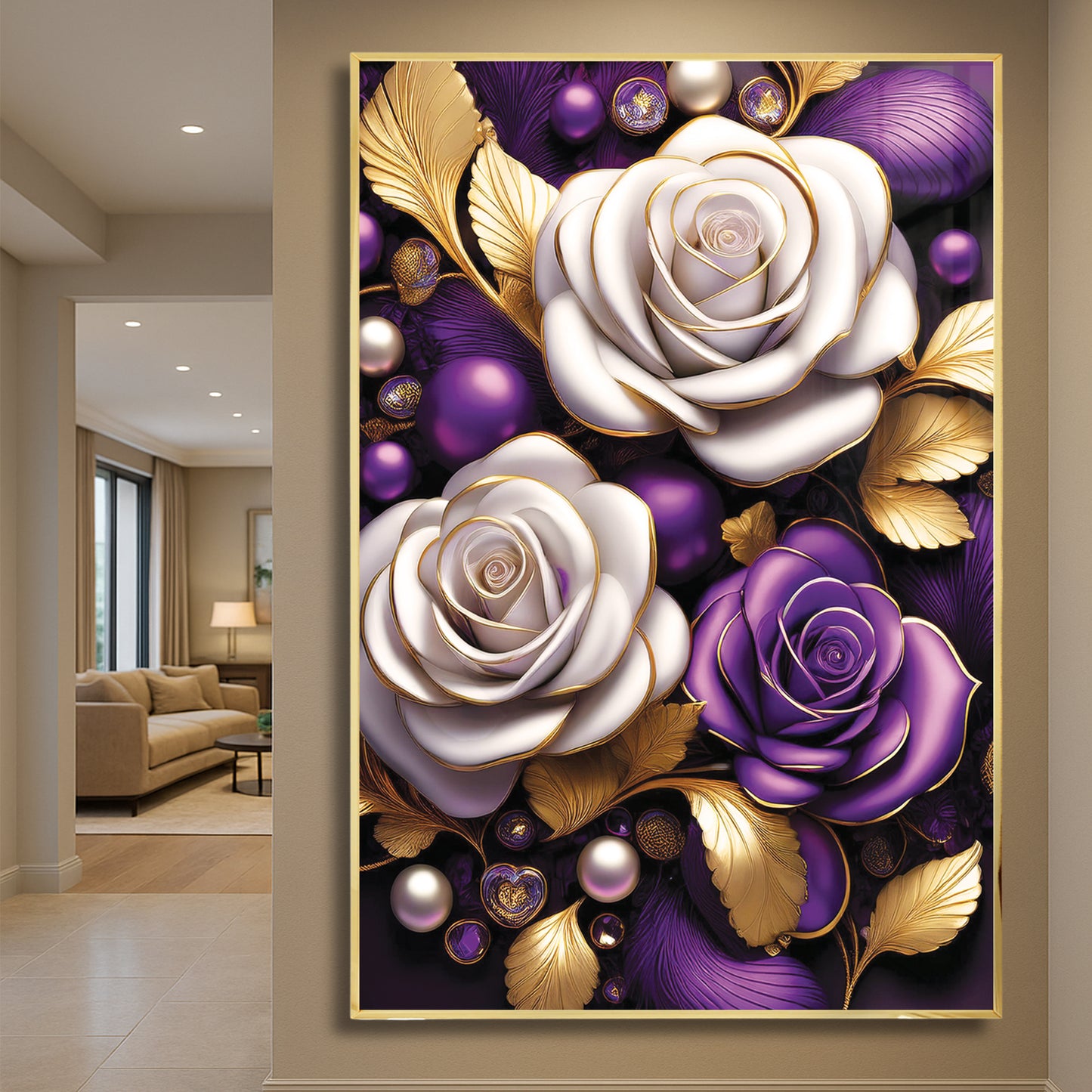 Elegant Purple & White Rose Metal Framed Wall Art – Modern Luxury Décor
