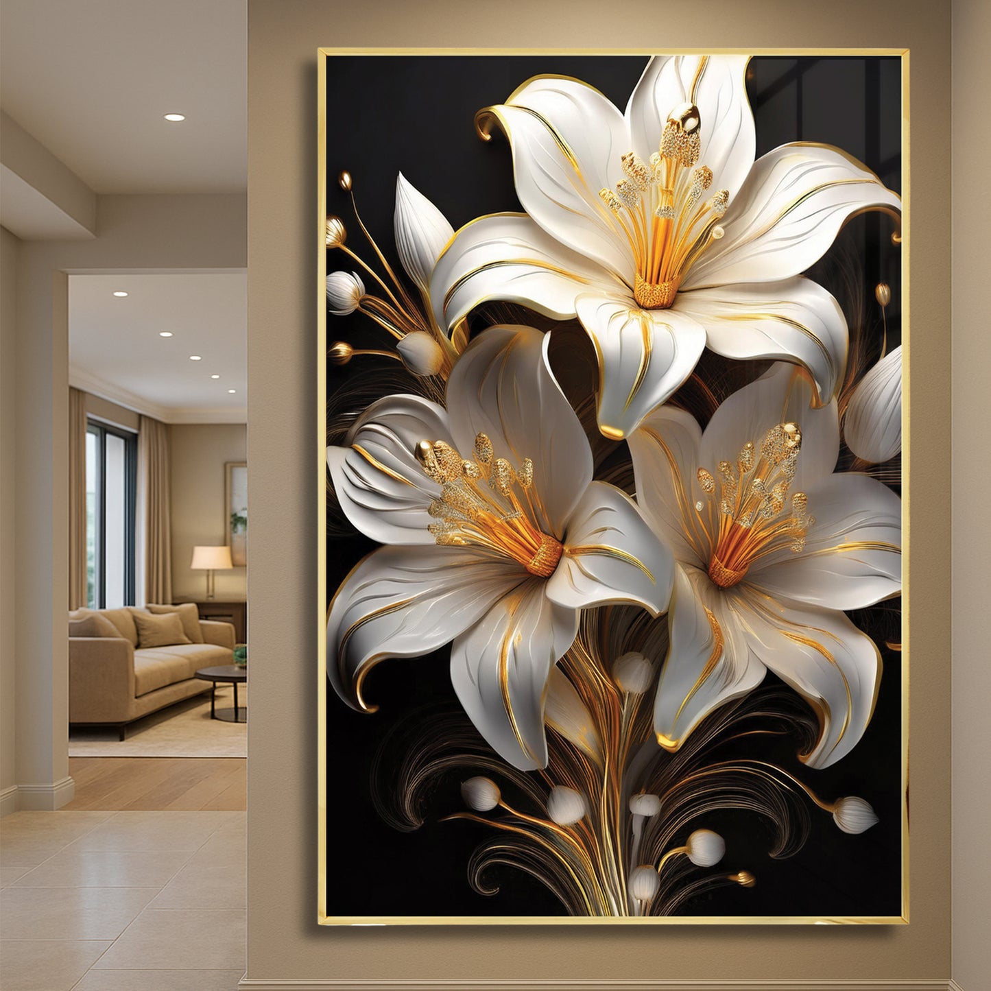 Elegant White & Gold Lily Metal Framed Wall Art – Modern Floral Luxury