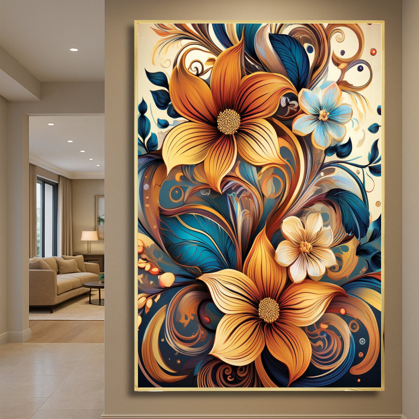 Golden & Cream Floral Metal Framed Wall Art – Elegant Botanical Design