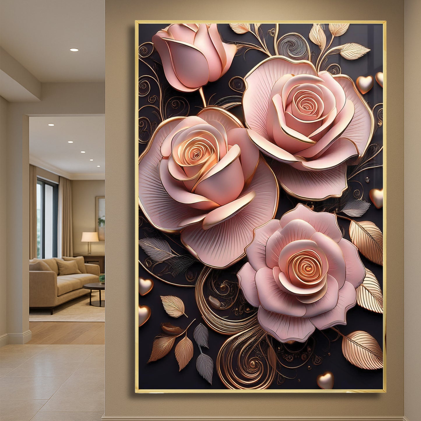 Classic Pink Rose Metal Framed Wall Art – Romantic Luxury Décor