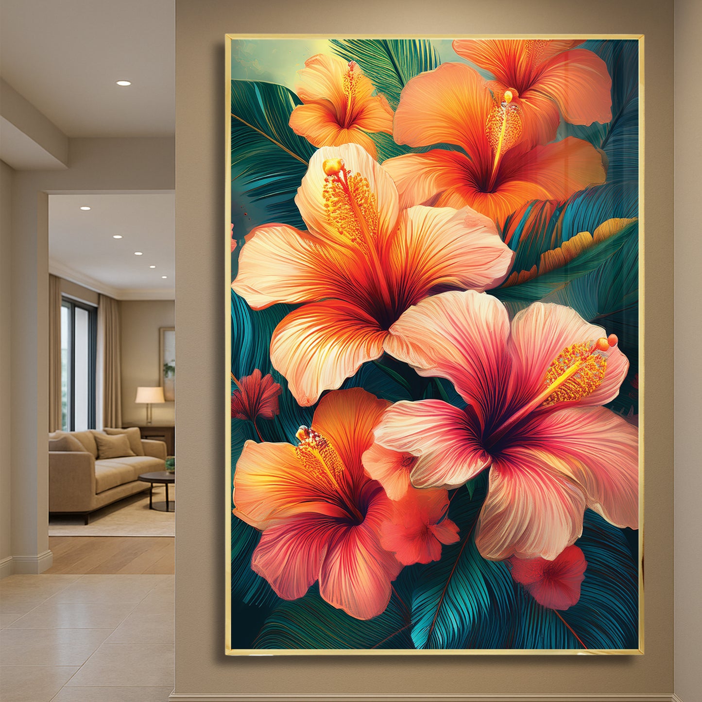 Vibrant Tropical Hibiscus Metal Framed Wall Art – Exotic Floral Décor