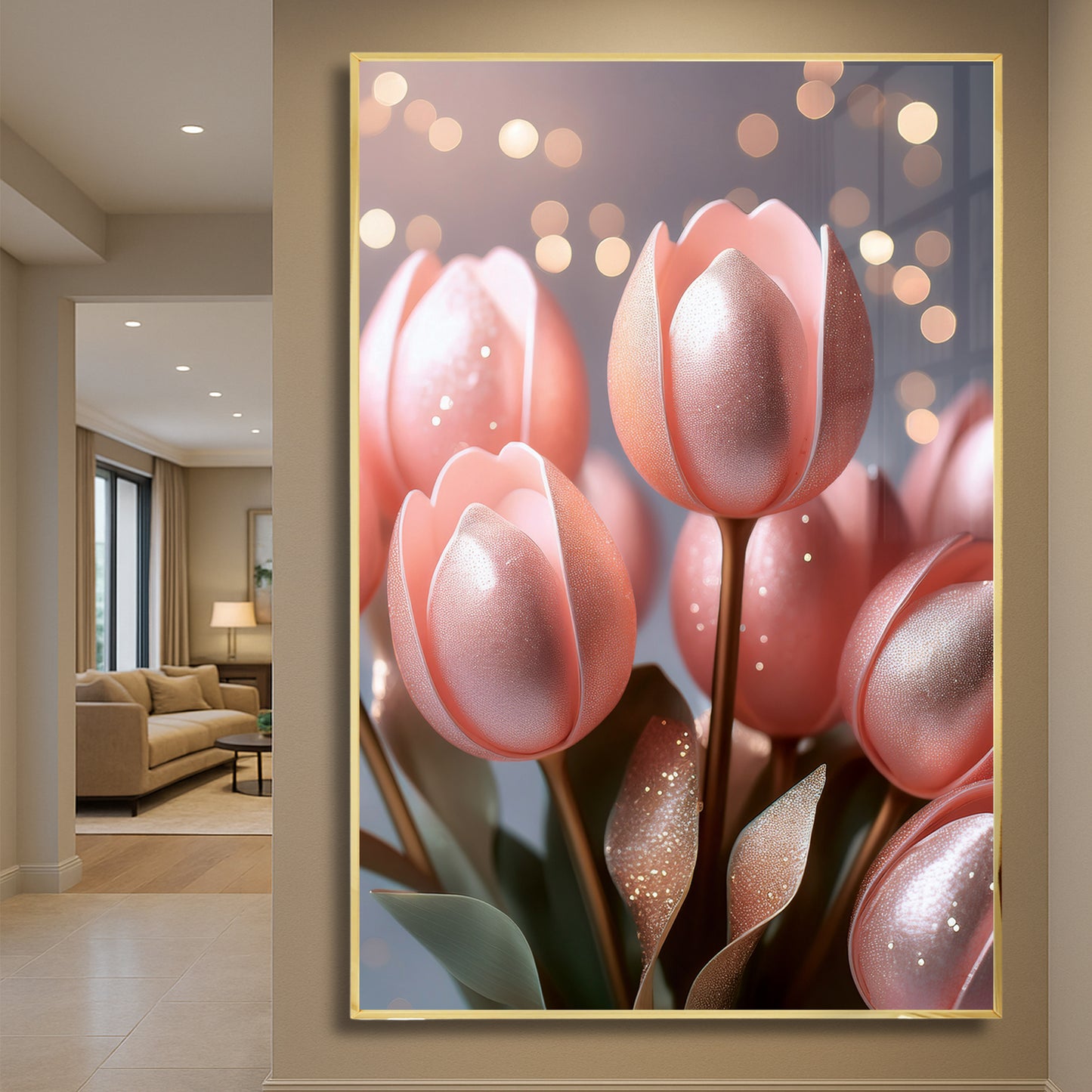 Blush Pink Tulip Bouquet Metal Framed Wall Art – Romantic Modern Décor