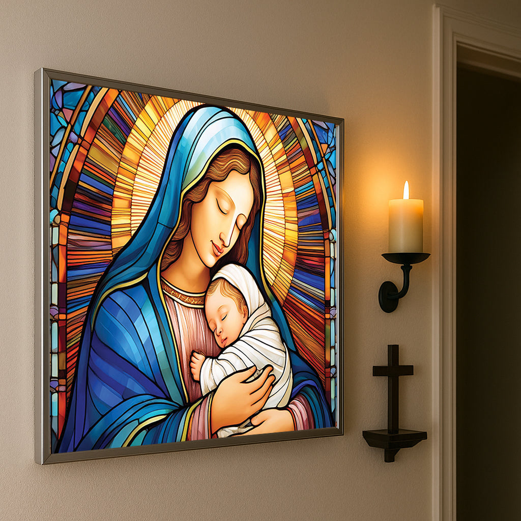 Virgin Mary and Baby Jesus Wall Art – Stained Glass Christian Décor