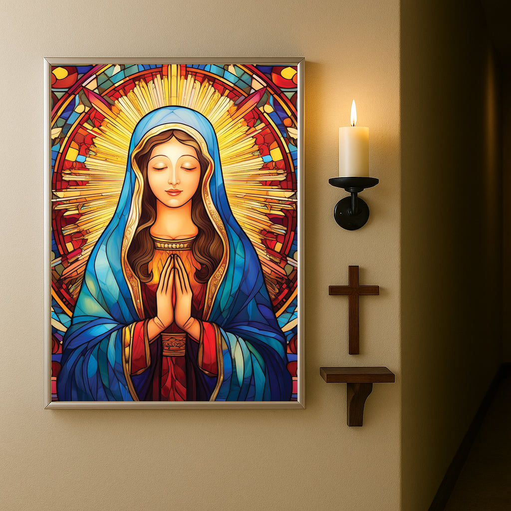 Gentle Mary in Prayer, Stained Glass Wall Art – Holy Virgin Icon