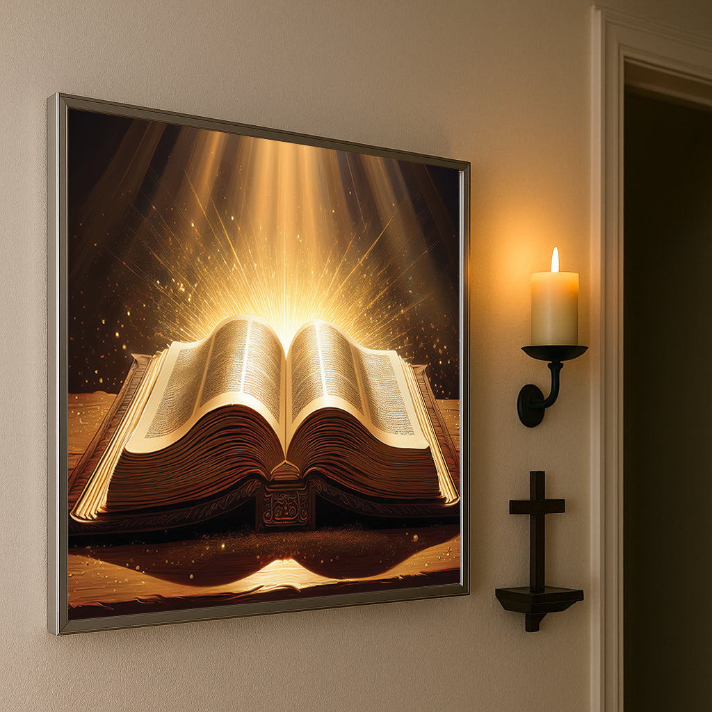 Holy Bible Illuminated Wall Art – Radiant Spiritual Décor