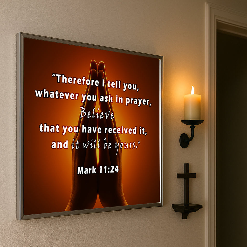 Praying Hands Scripture Wall Art – Mark 11:24 Christian Décor