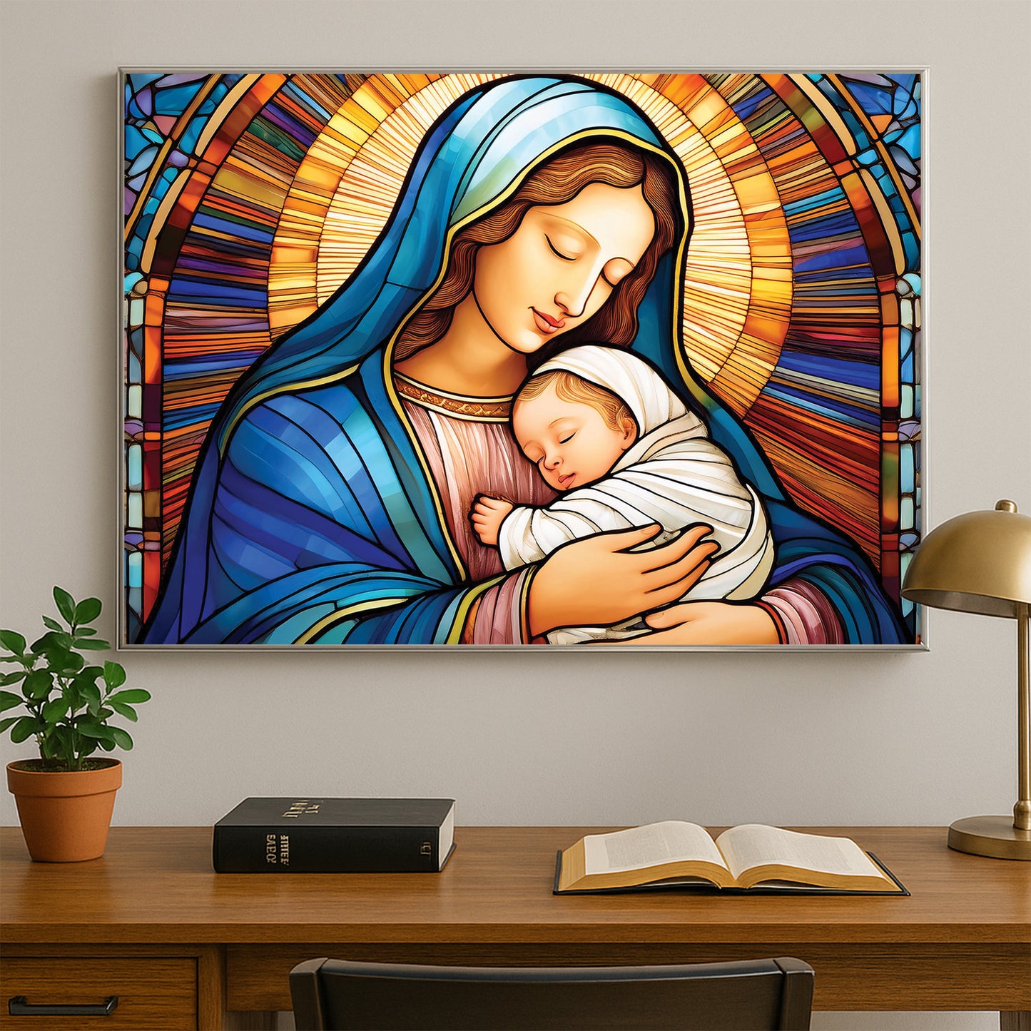 Virgin Mary and Baby Jesus Wall Art – Stained Glass Christian Décor