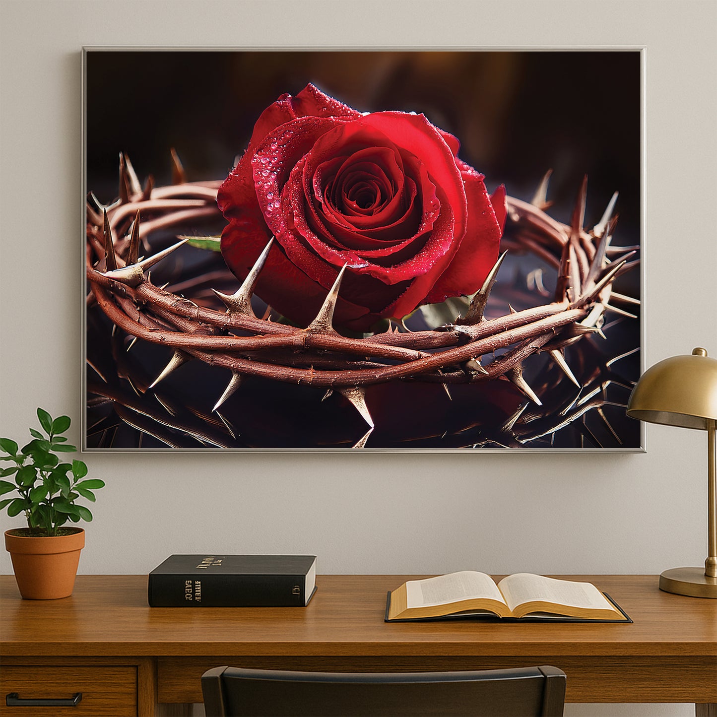 Rose with Crown of Thorns Wall Art – Christian Symbolism Décor