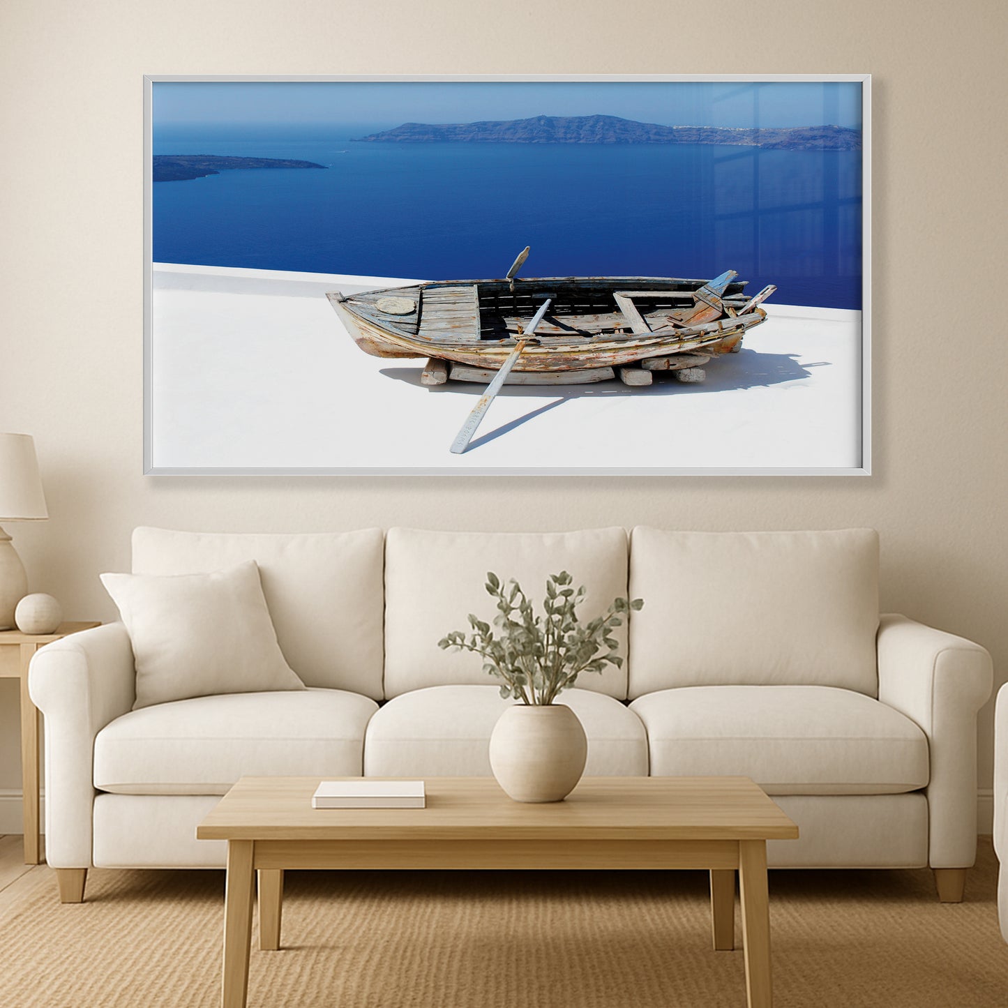 Aged Boat Overlooking Santorini Coast β Mediterranean Minimalist Wall Art Print