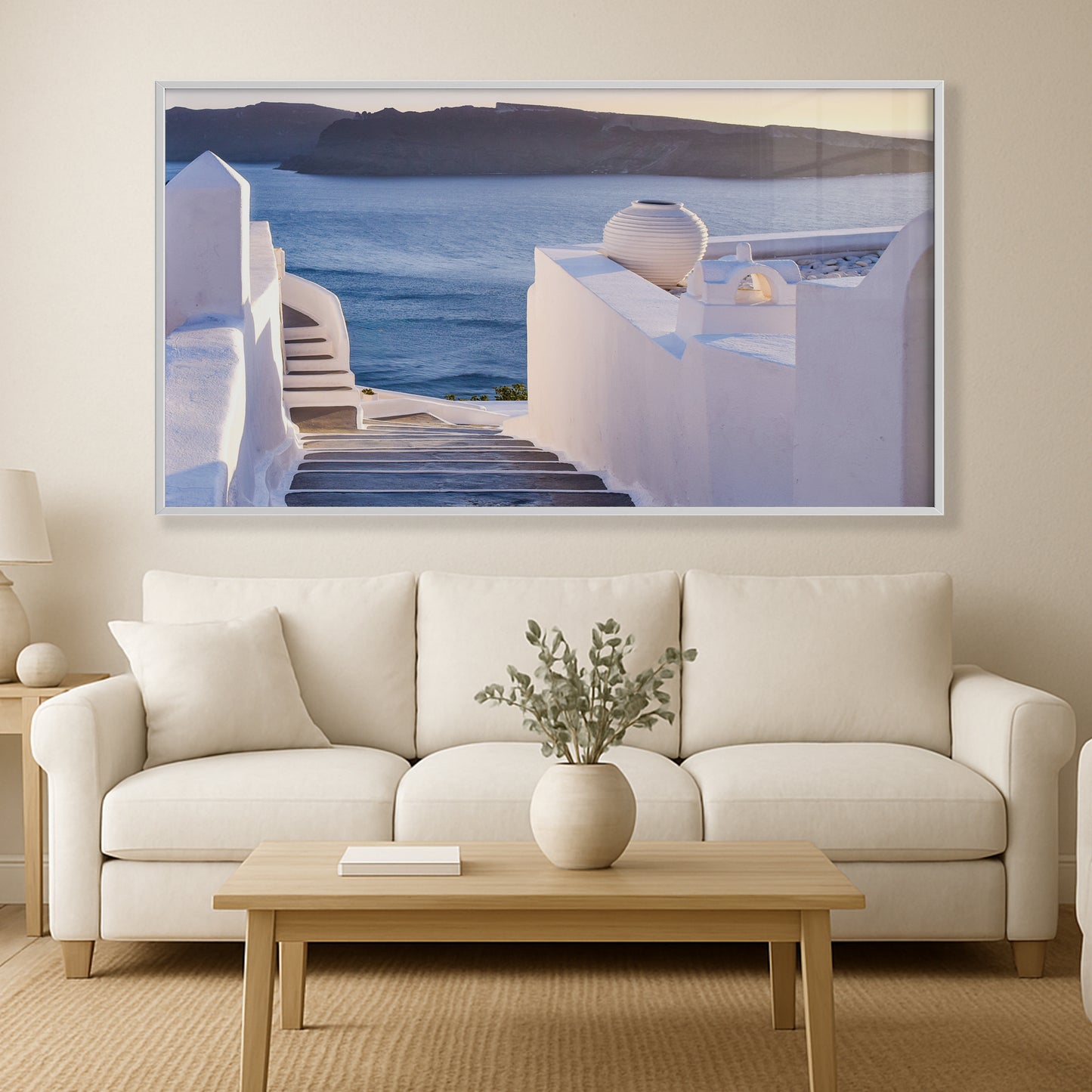 Elegant Staircase in Santorini β Sunset View Over Aegean Horizon