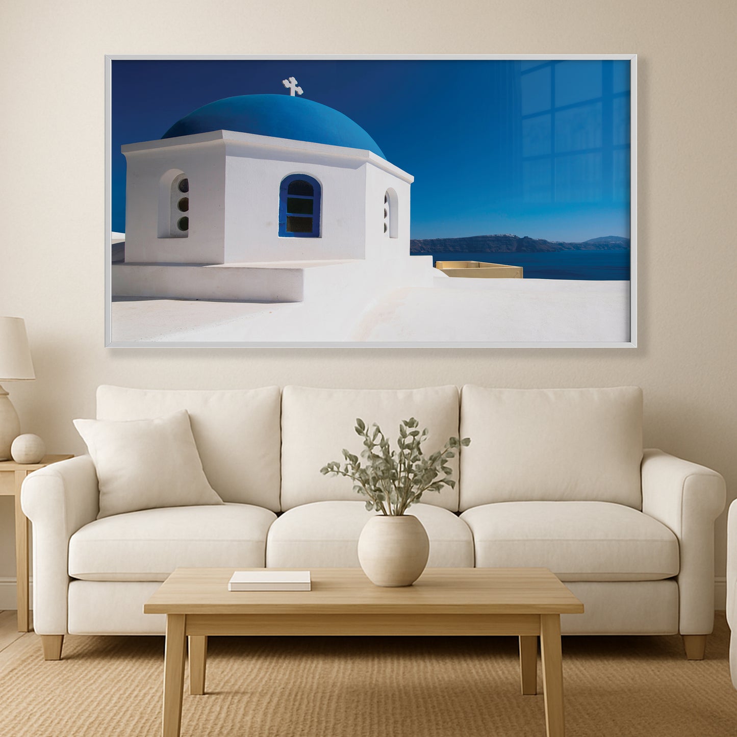 Santorini Blue Dome Church – Greek Island Wall Art, Minimal Coastal Icon