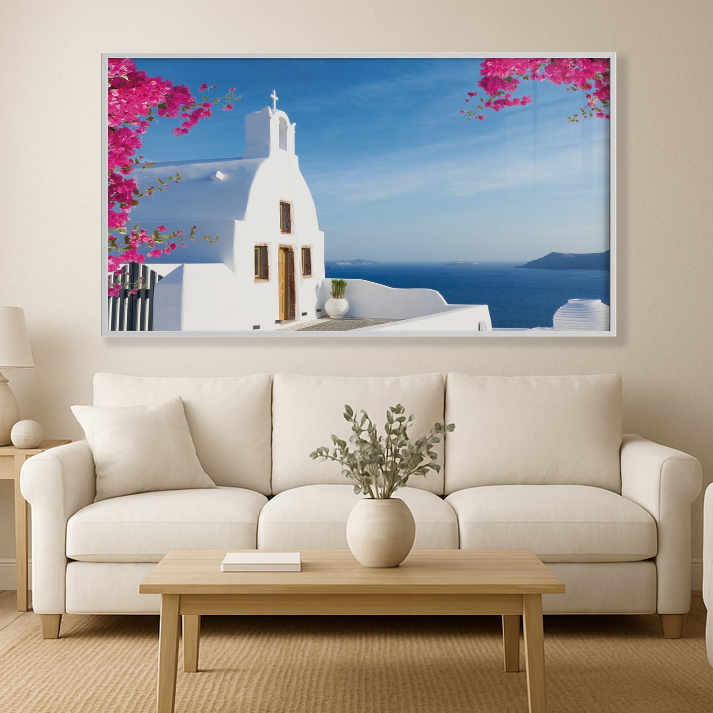 Santorini Cliffside Chapel Wall Art – Aegean Sea View with Bougainvillea Blossoms