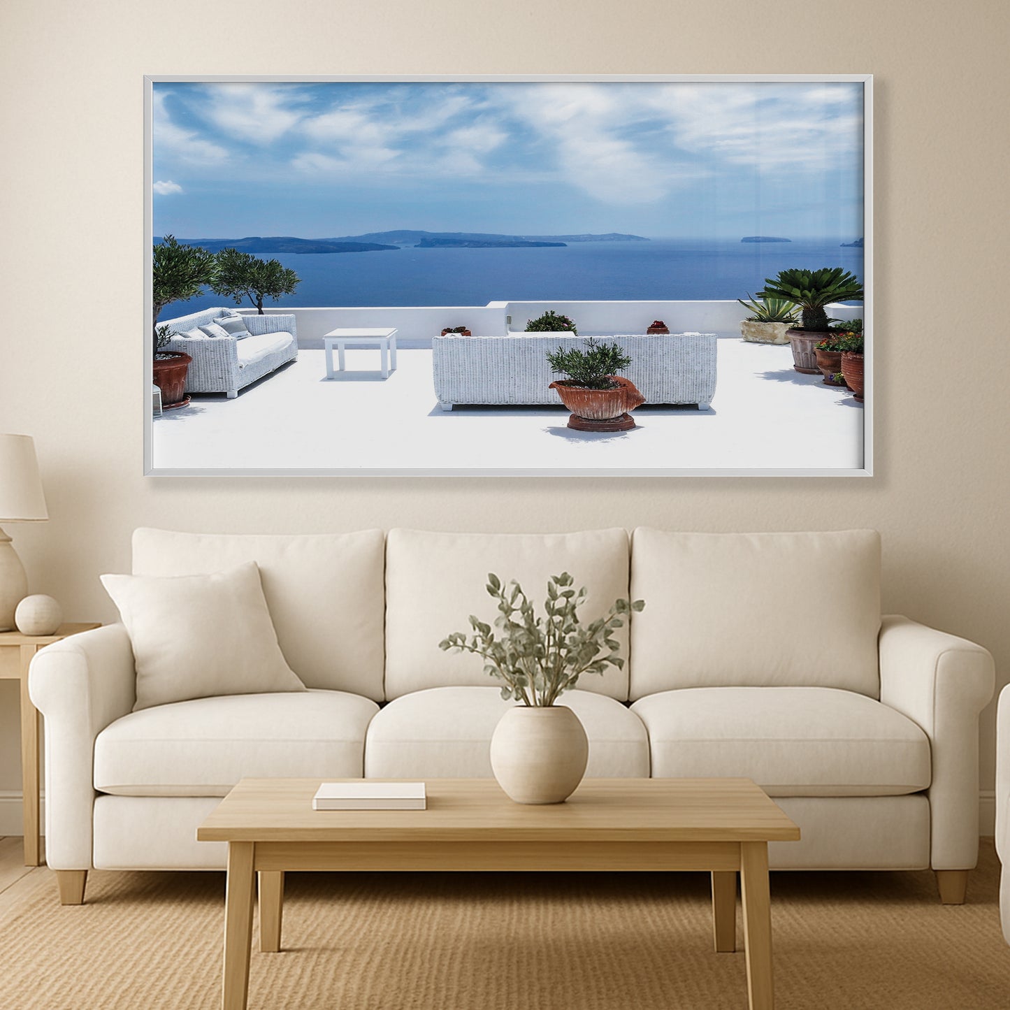 Santorini Serenity β White Balcony Wall Art, Aegean Sea View, Luxury Travel Decor