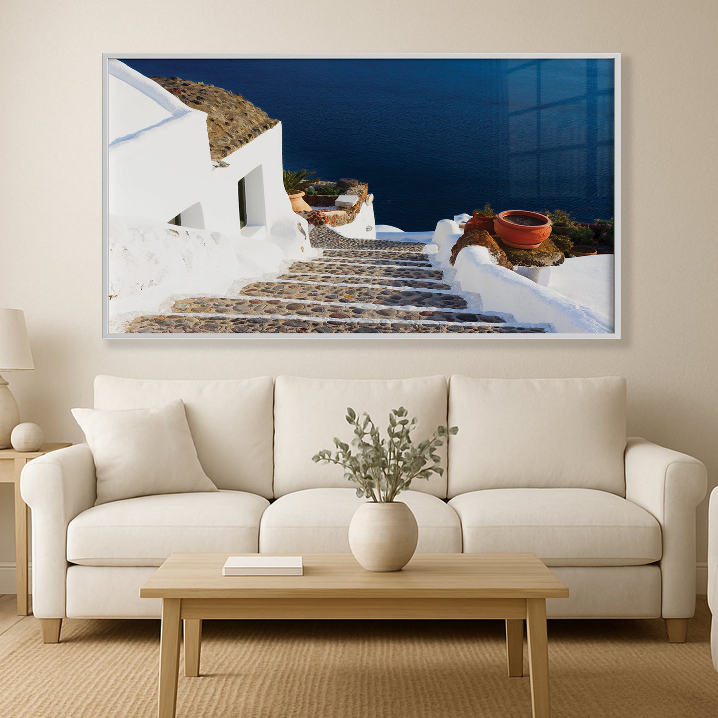 Santorini Steps – Greek Island Stone Path Wall Art, Aegean Sea View