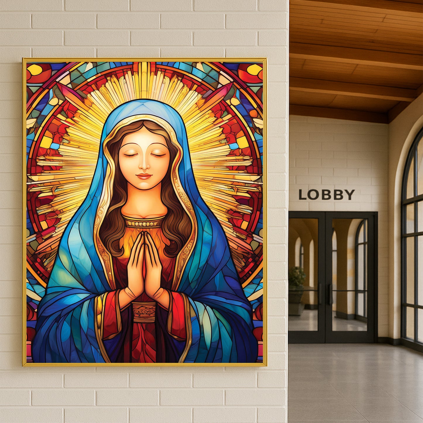 Gentle Mary in Prayer, Stained Glass Wall Art – Holy Virgin Icon