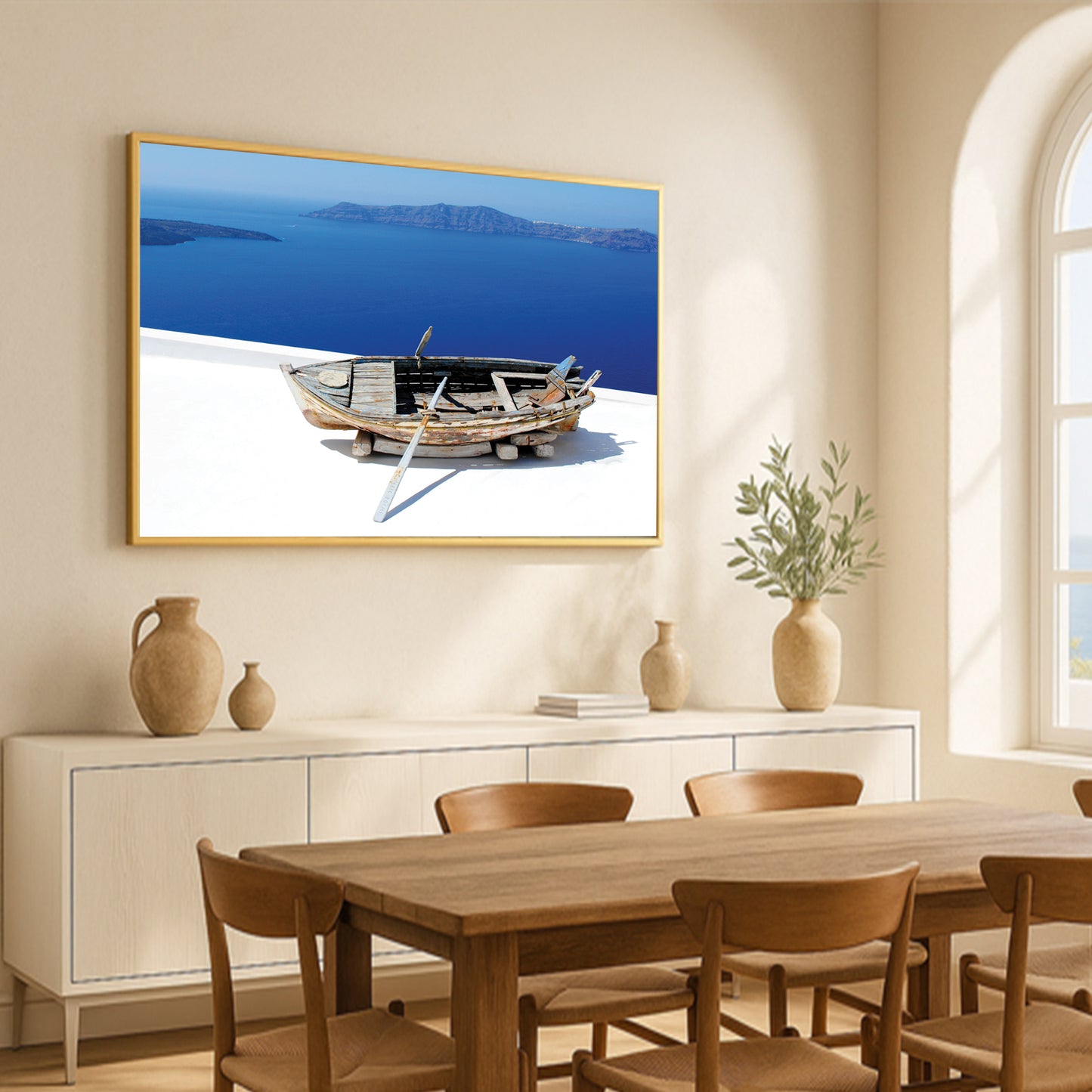 Aged Boat Overlooking Santorini Coast β Mediterranean Minimalist Wall Art Print